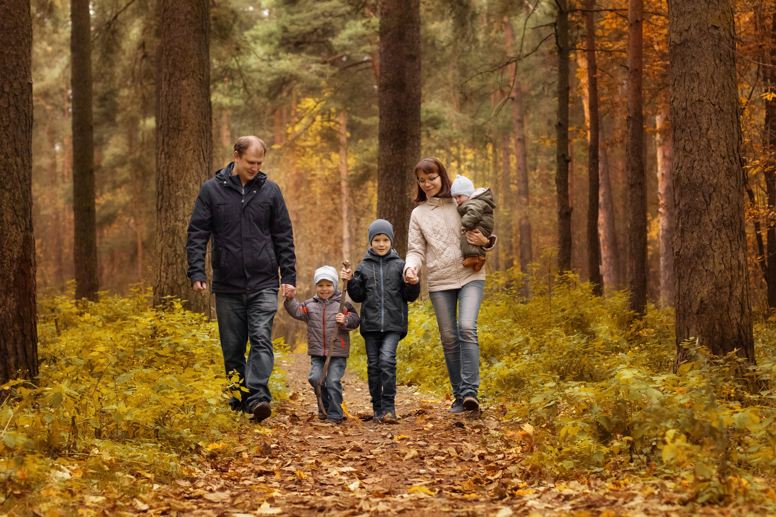 Семья - папа, мама и трое детей идут в осеннем лесу