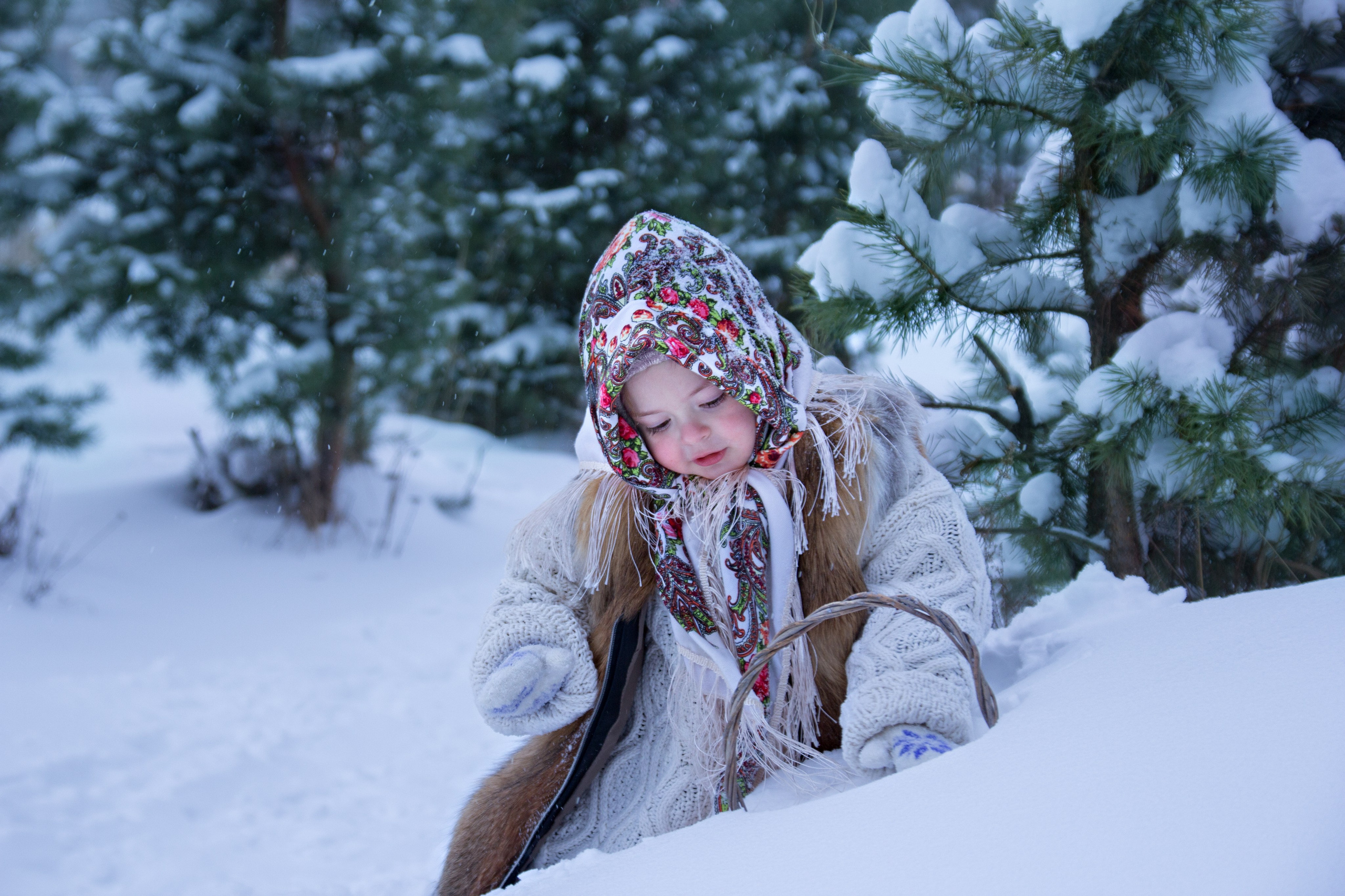 Девочка в ярком павлопосадском платке и меховой жилетке играет со снегом и корзинкой
