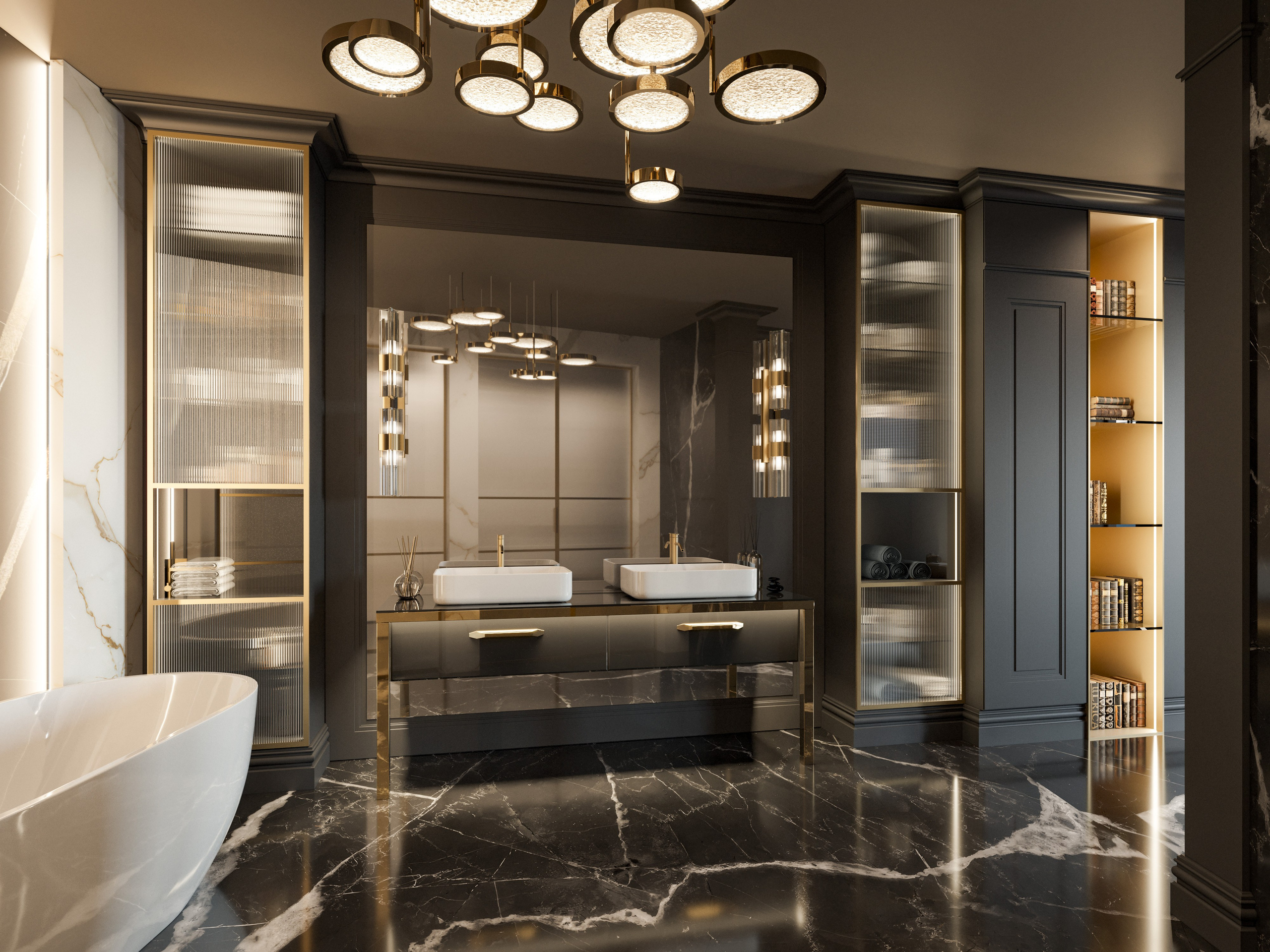 Санузел с зоной умывания, душевой и туалетом в комплексе спальни