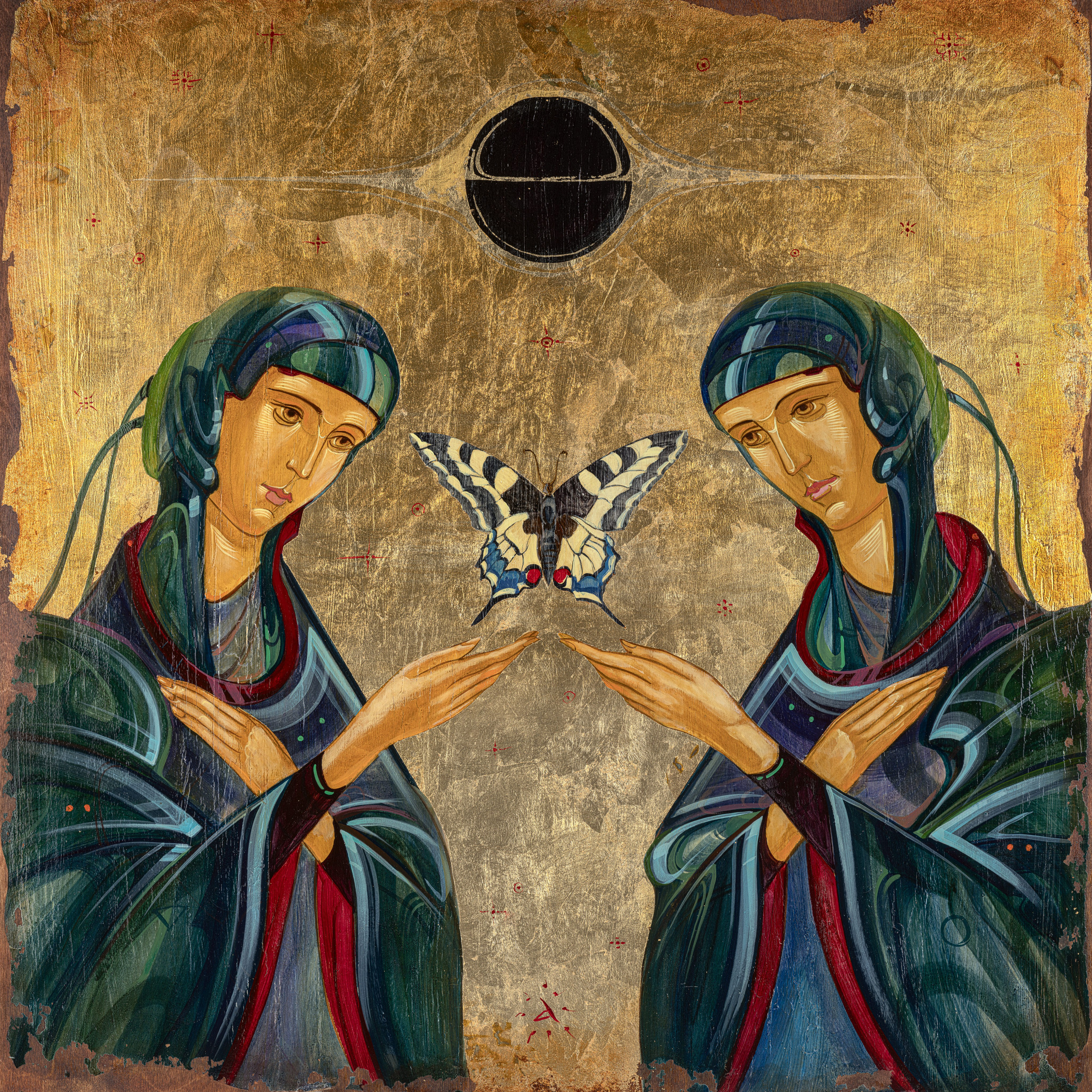 «Сопряжение» - художник Антон Фролов (дерево, темпера, поталь, 65x65 см, 2024)