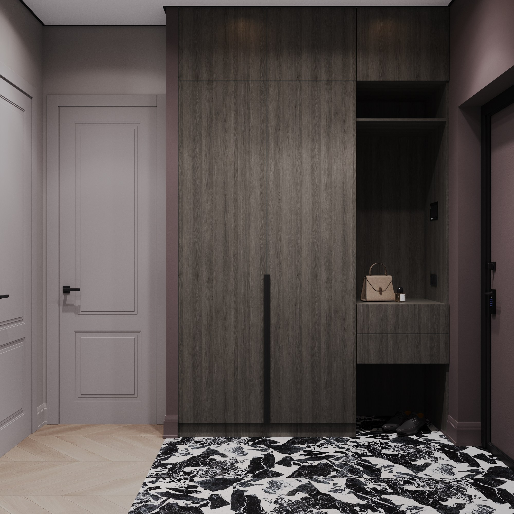 дизайн интерьера прихожей с акцентным керамогранитом на полу, черно белая плитка, сложный цвет стен марсала