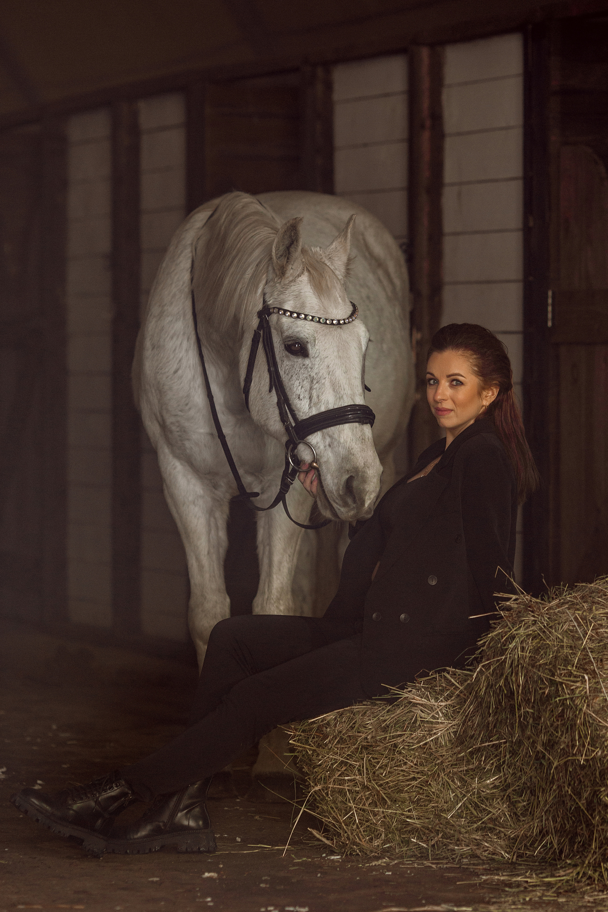 Зимняя фотосессия с серой лошадью