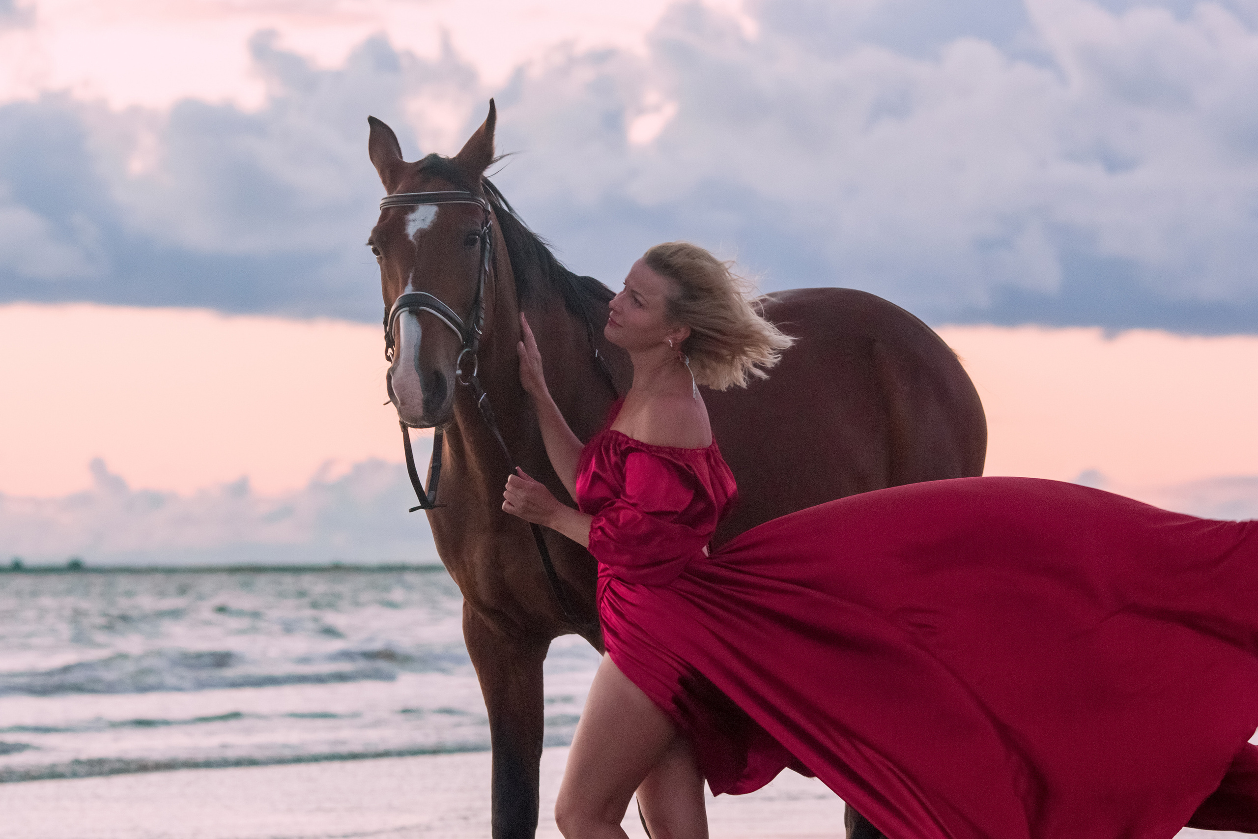 Фотосессия с гнедой лошадью на закате