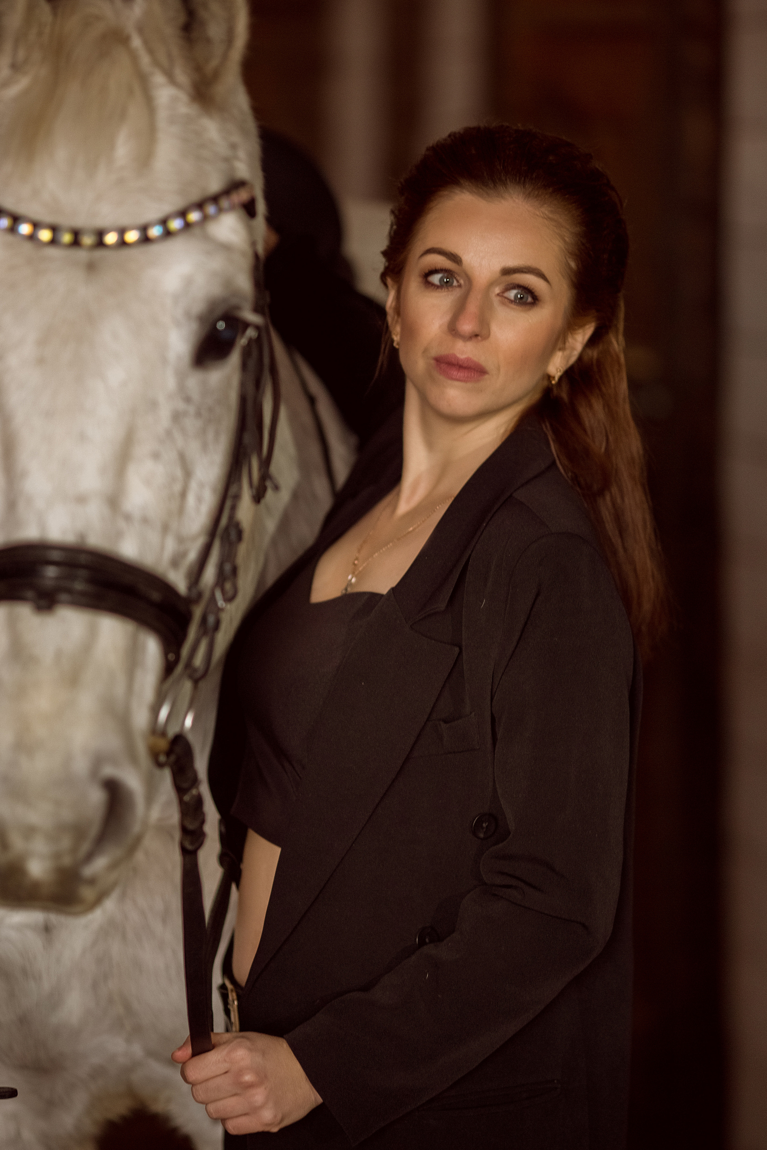 Зимняя фотосессия с серой лошадью