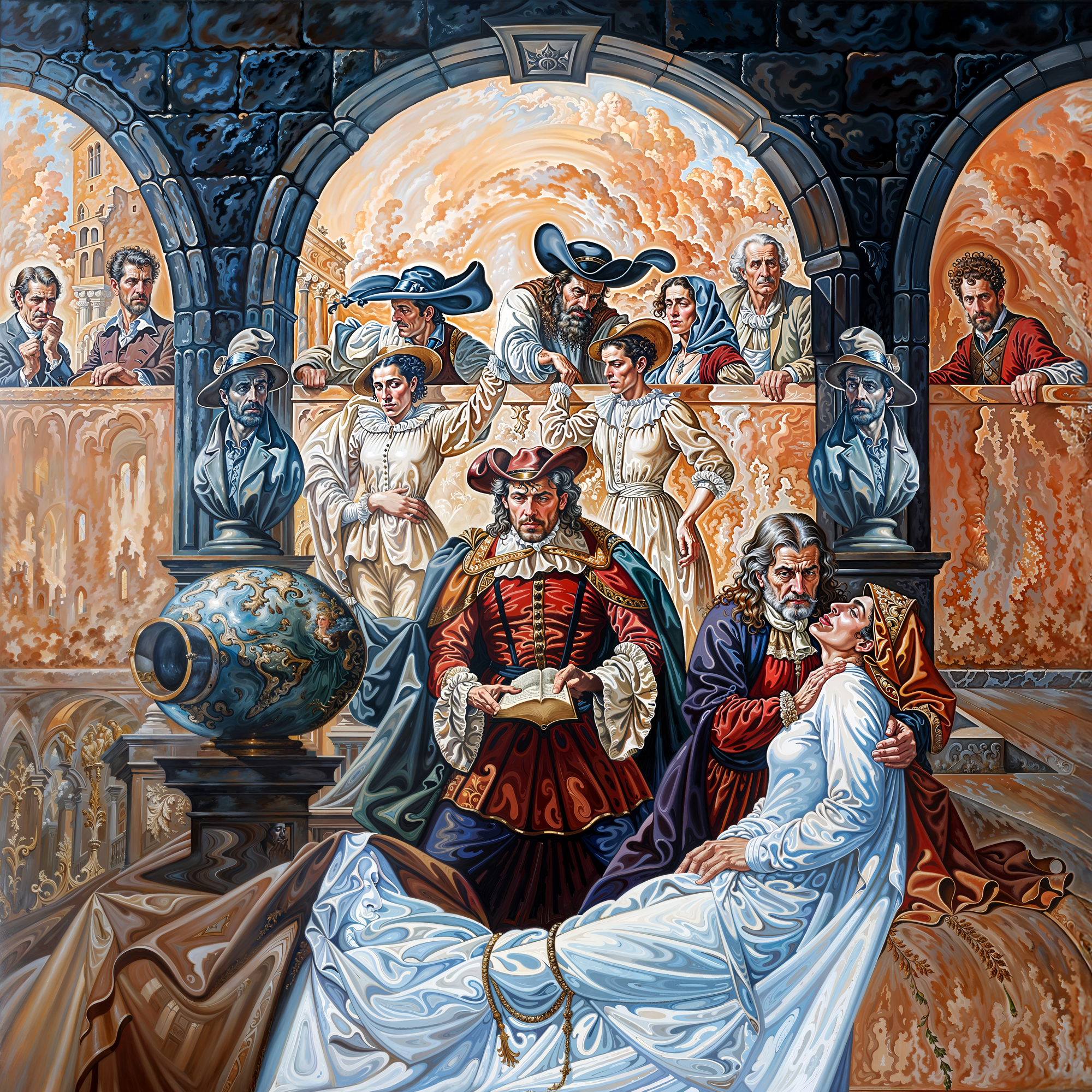 Образ Лучано Паваротти в ренессансной сцене с драматической постановкой, вдохновлённой стилем Артуша Восканяна и адаптированной Olegorizm.