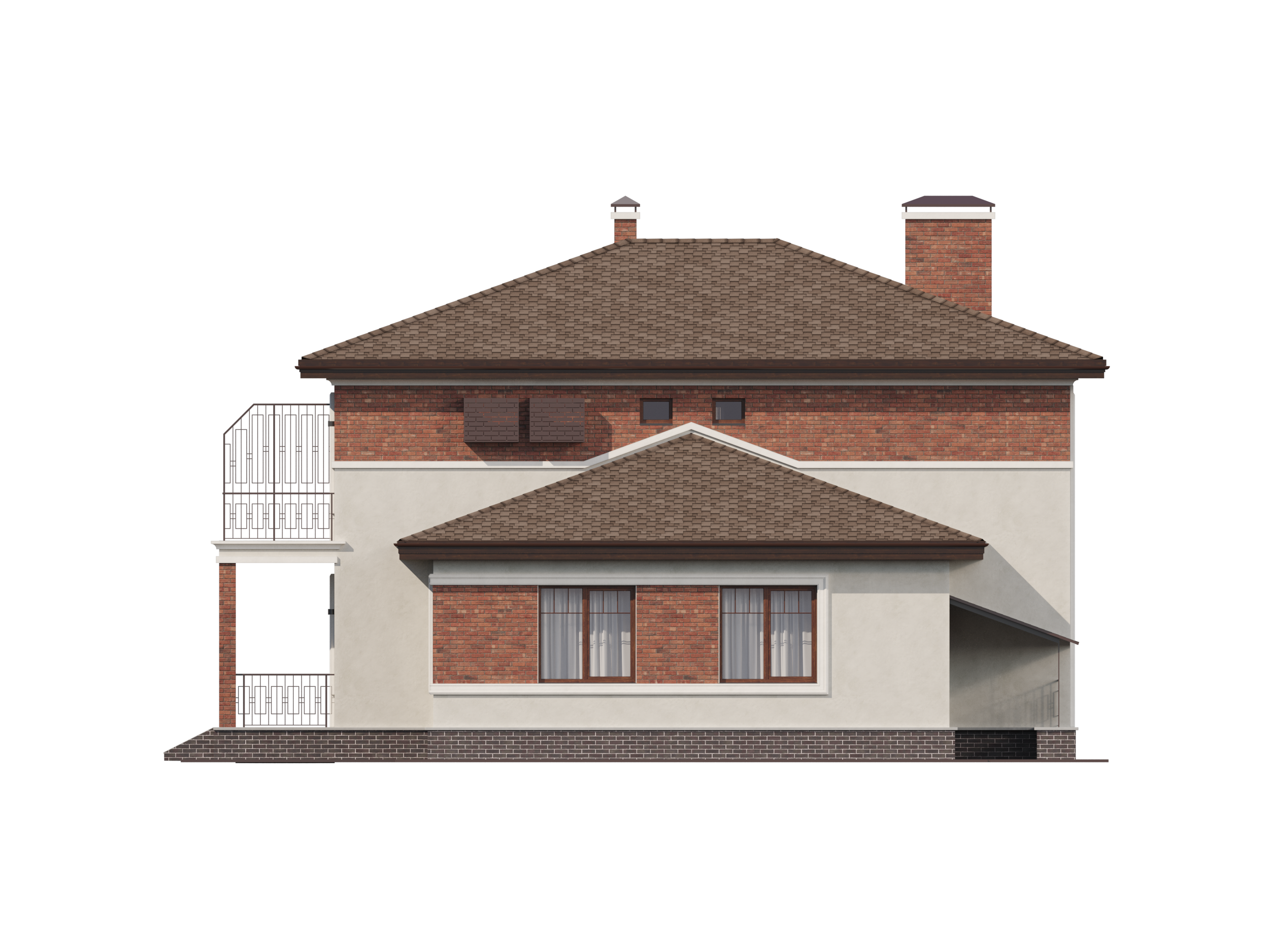 Боковой фасад двухэтажного дома с комбинацией кирпичной и светлой отделки