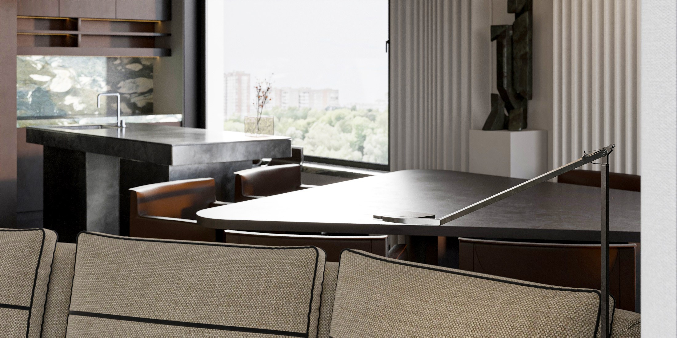 ПРОЕКТ • ЖК «ОСТРОВ» Квартира 119 м² 3D визуализация интерьера Гостиная / Living Room. Ксения. 3D‑визуализатор