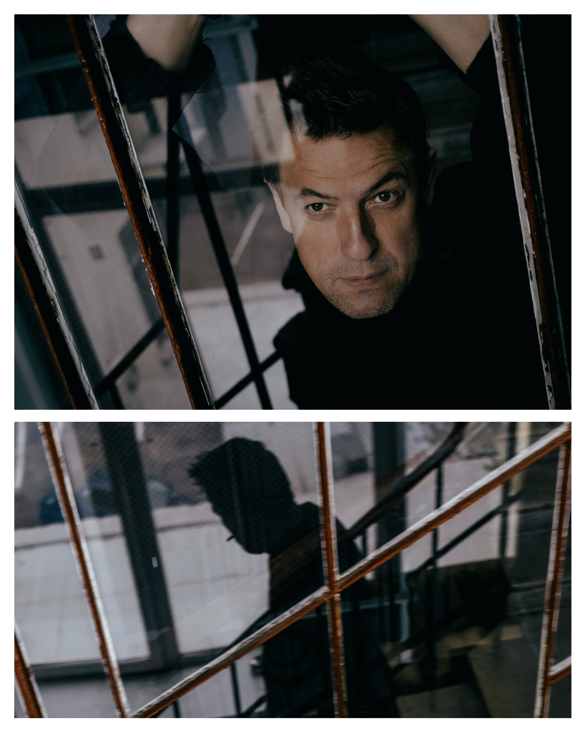 фото мужчины в окне через стекло с отражениями