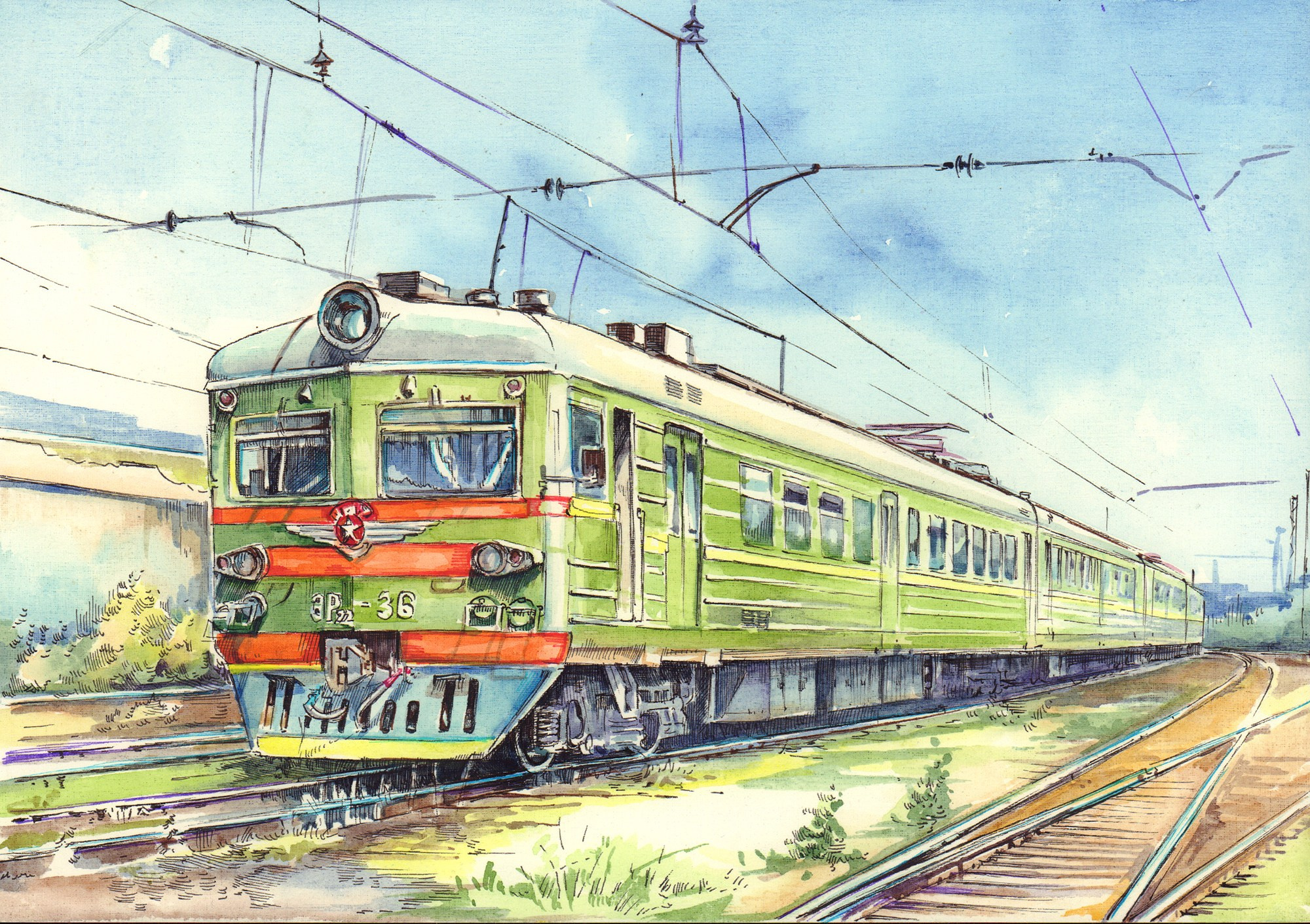 Пригородные поезда. Художник Александр Петрунин