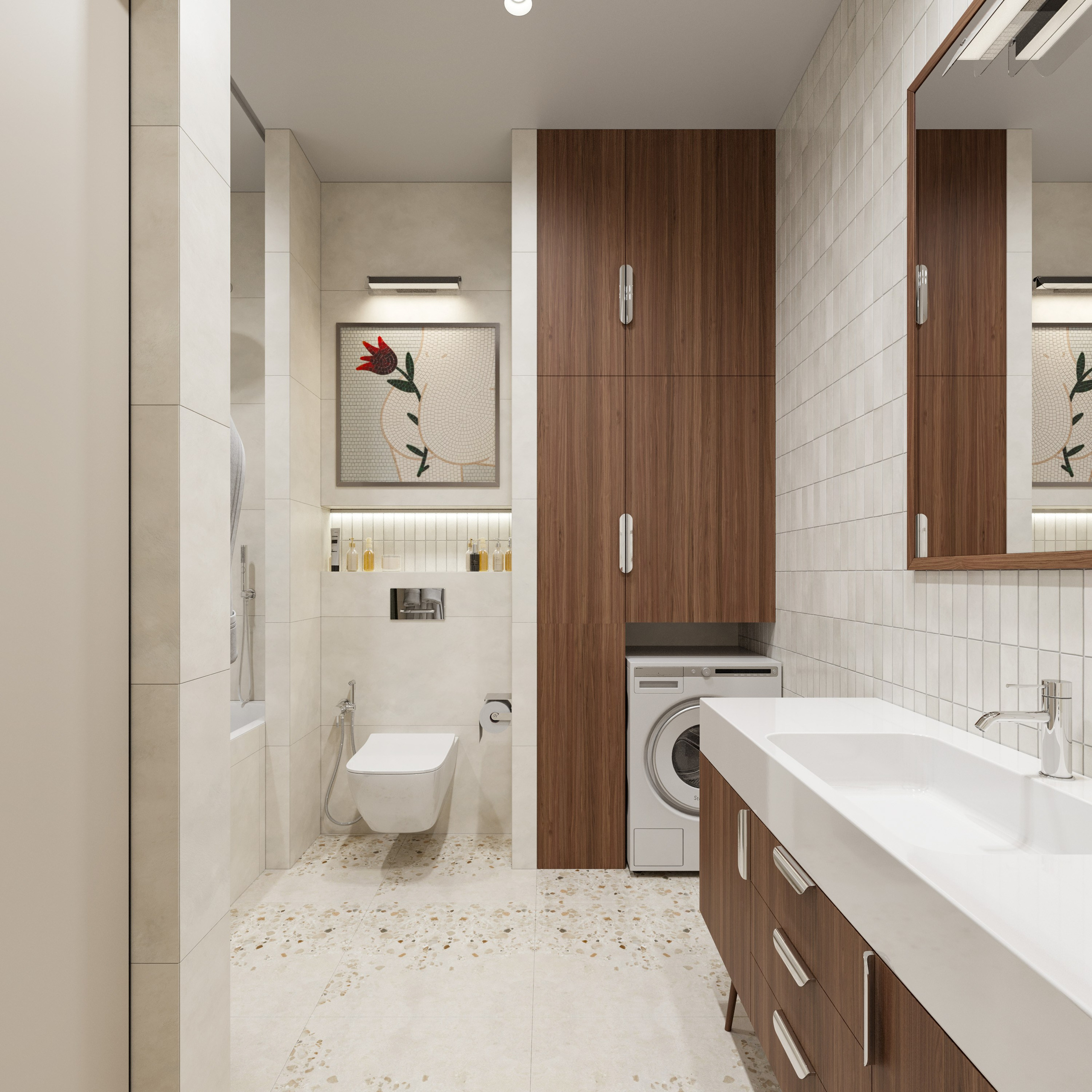 Ванная комната в минималистичном стиле с подвесной сантехникой и нишами