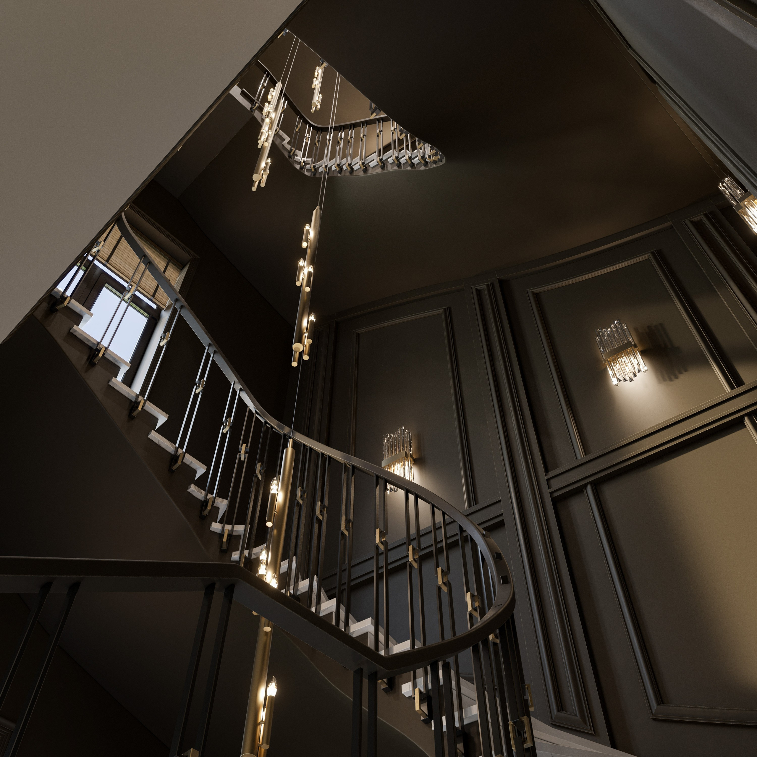 3D визуализация освещения лестницы с хрустальными бра на стенах