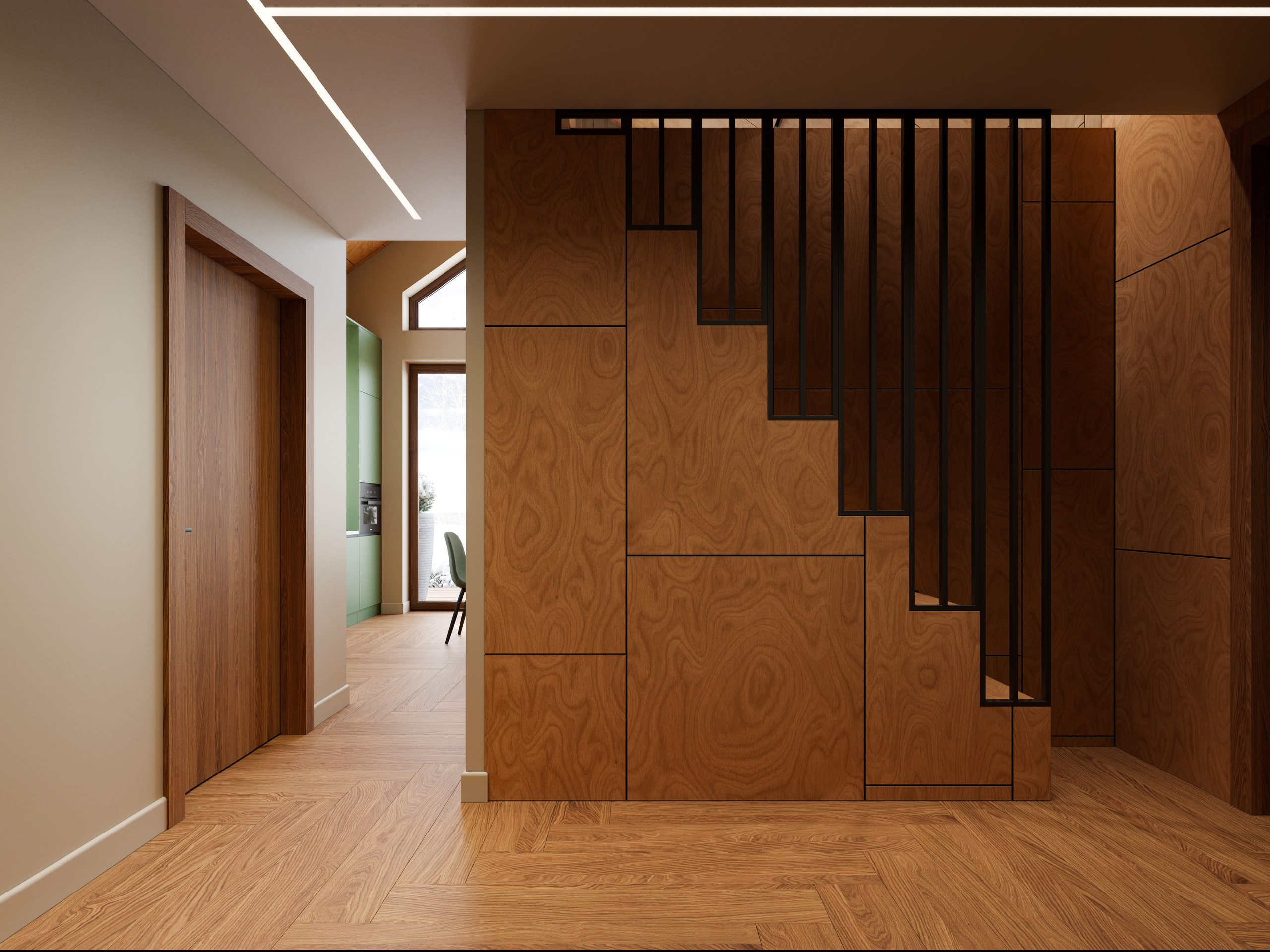 Визуализация лестницы на мансардный этаж с отделкой фанерой и металлическим ограждением