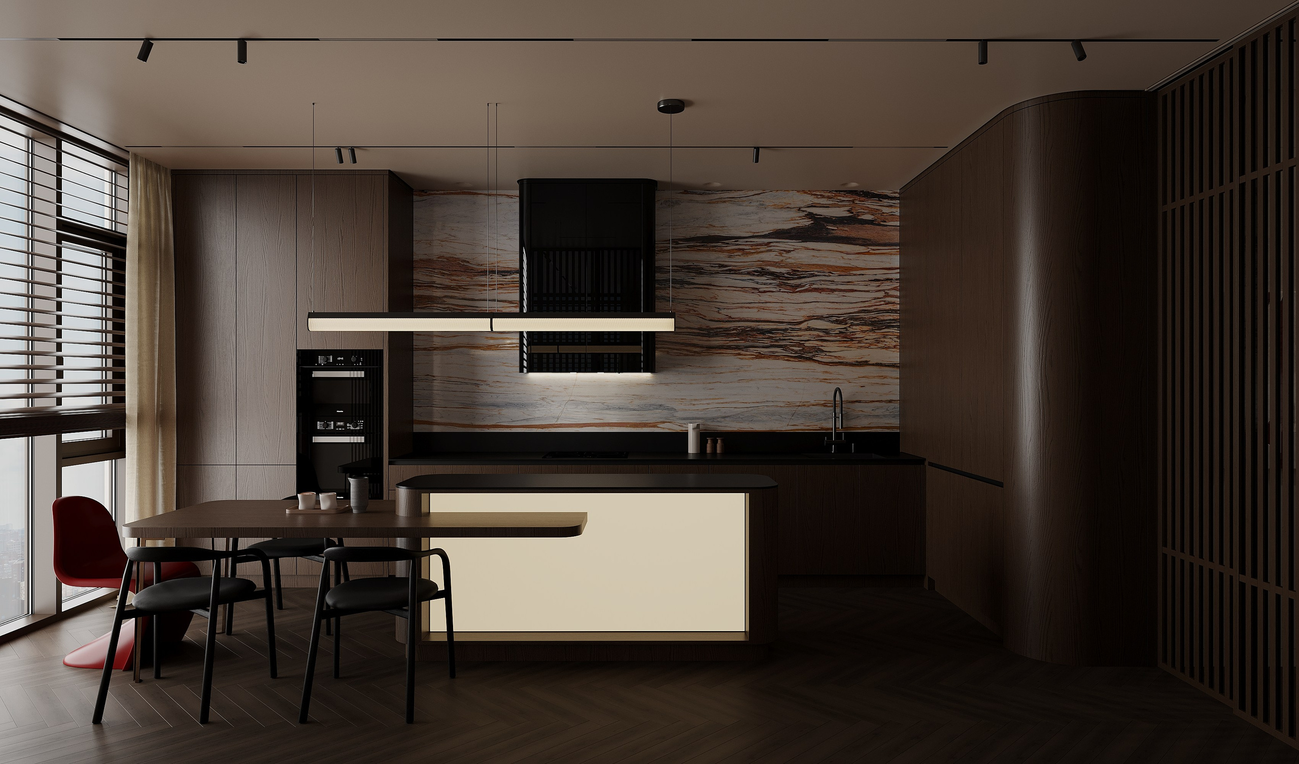 кухня с островом и эффектным мраморным фартуком, вместительный кухонный гарнитур в шпоне  A kitchen with an island and a striking marble backsplash, spacious veneered kitchen cabinetry