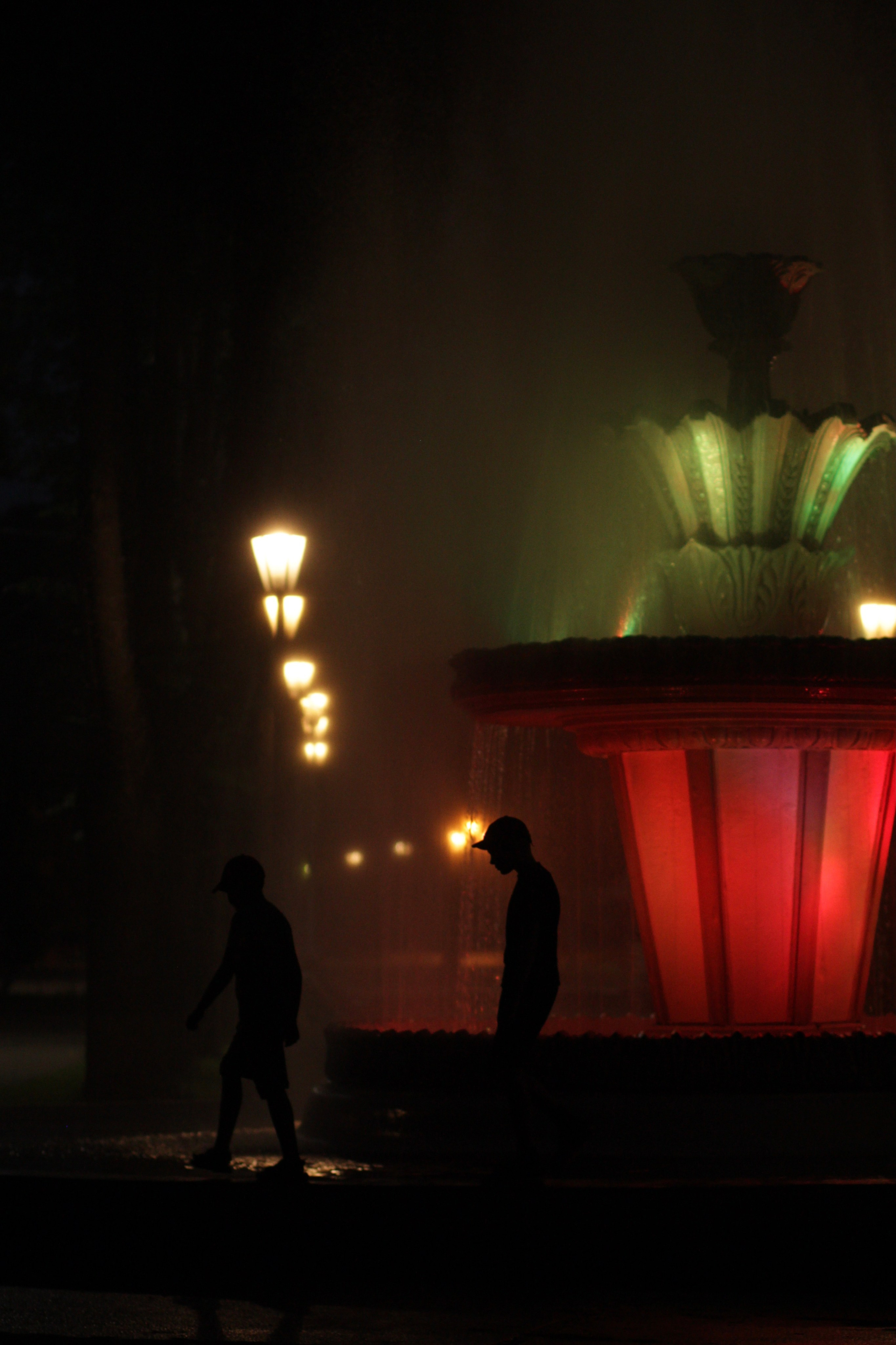 Фонтан в парке в ботаническом саду в Пскове вечером