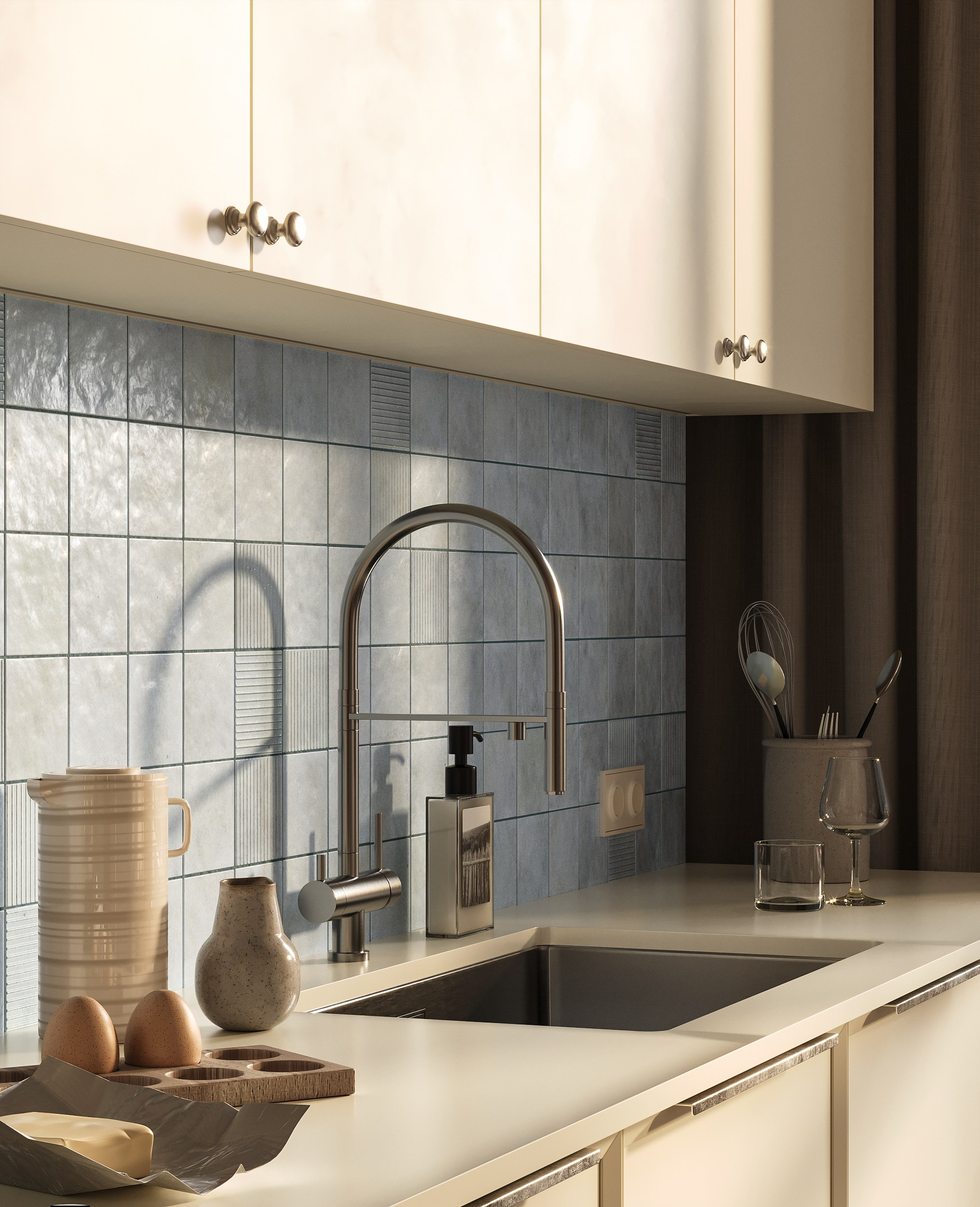 Кухня в оттенке сливочного масла в осенний день. Дизайн и визуализация выполнены мной. 3D Визуализация