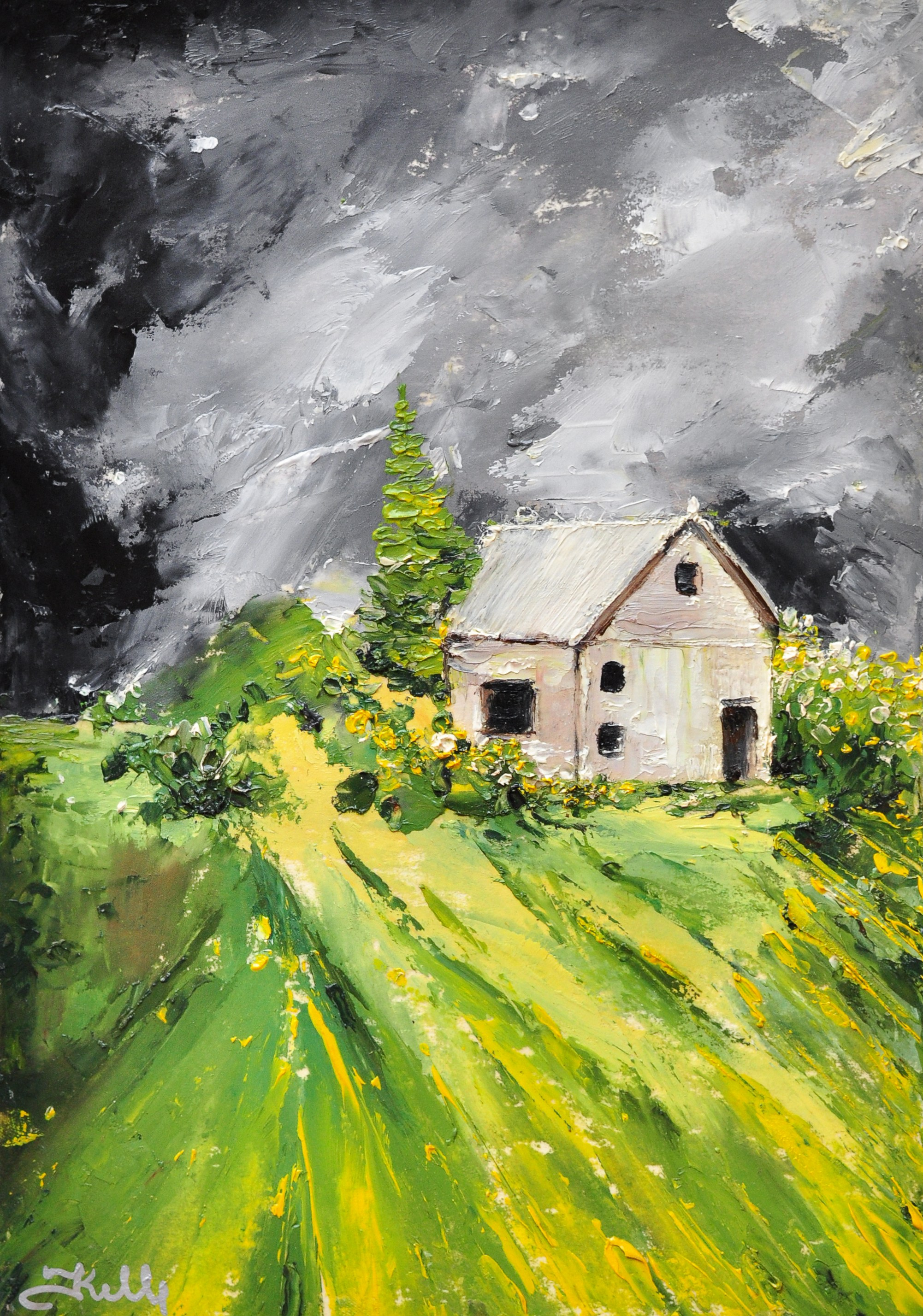 Картина мастихином белый дом на ярко зелёном склоне с жёлтыми цветами, на фоне тёмно-серого неба в ожидании грозы