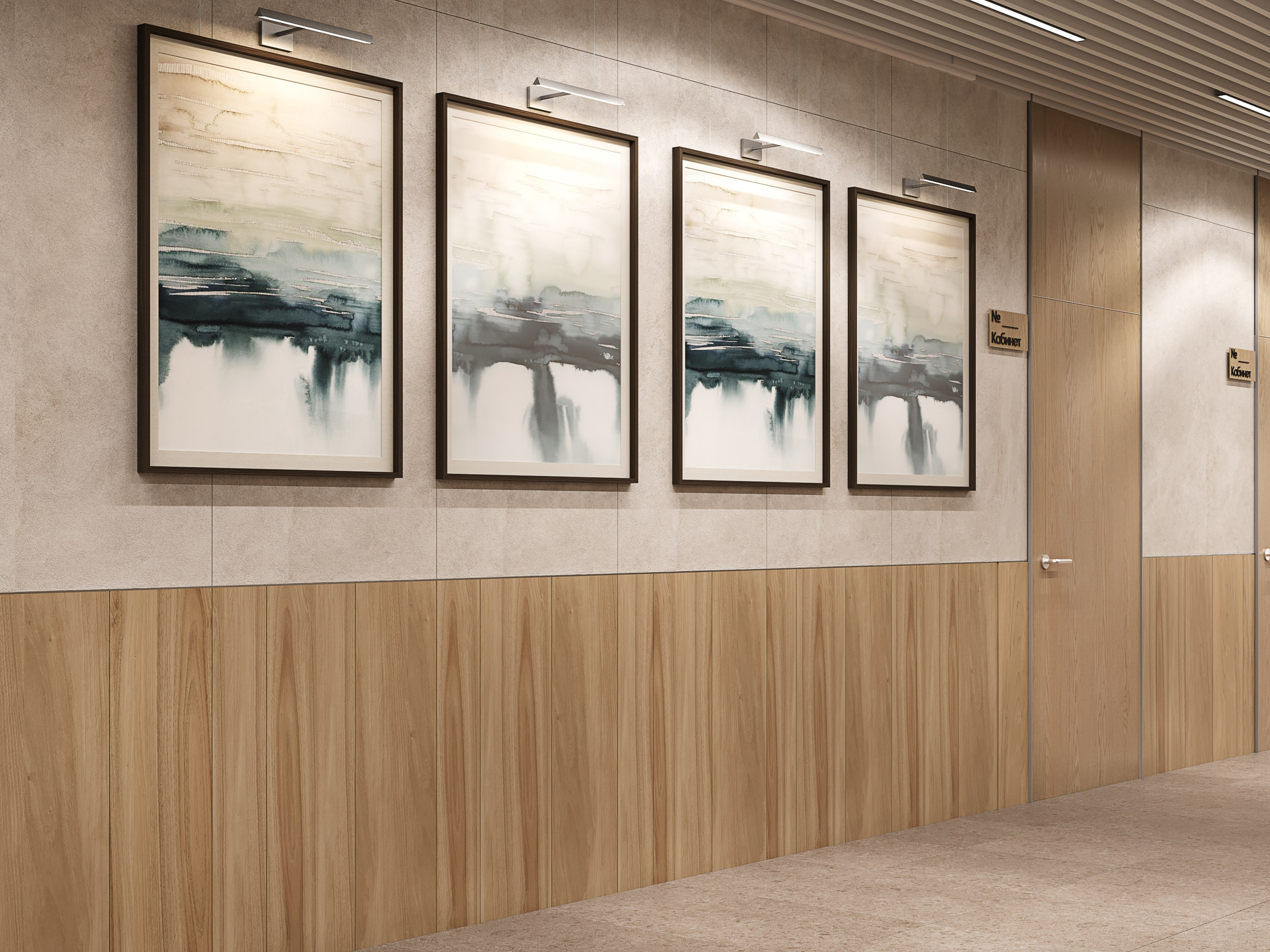 Фрагмент офисного коридора с четырьмя абстрактными картинами в тёмных рамах