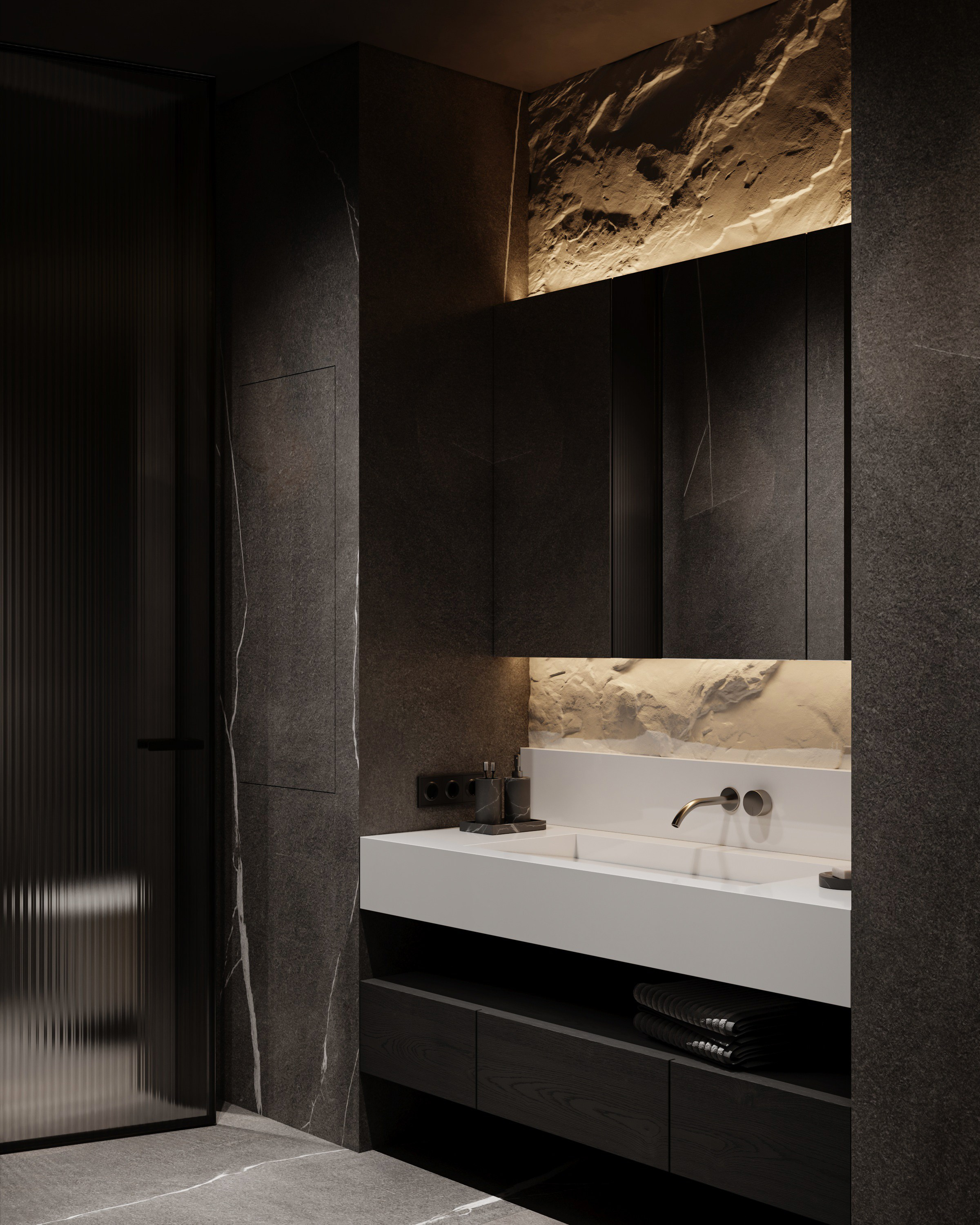 Санузел со скалой в стиле минимализм для холостяка