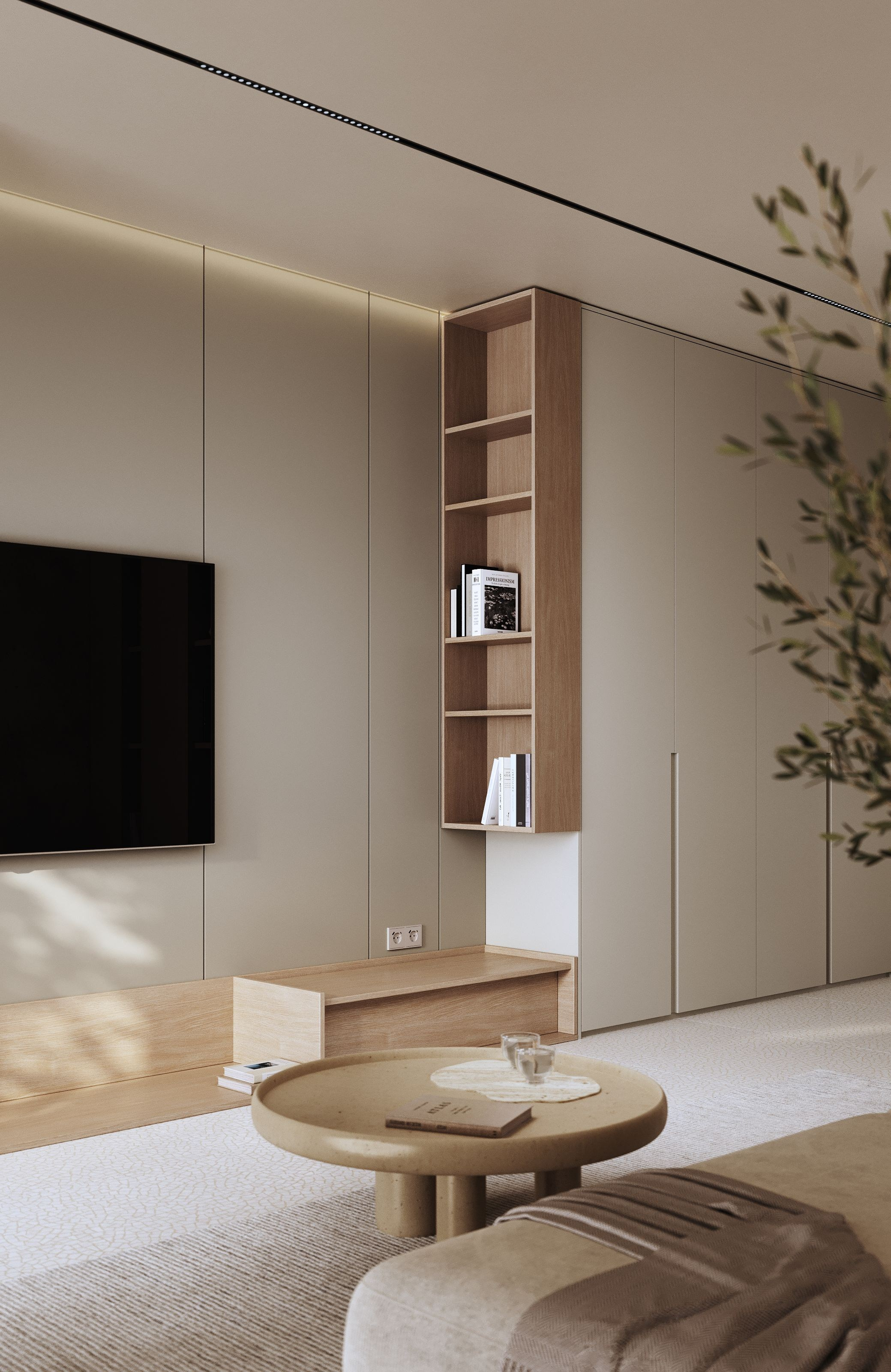 визуализация кухни гостиной  в нежных тонах  в сером минималистичном современном  стиле на Бали лестница 