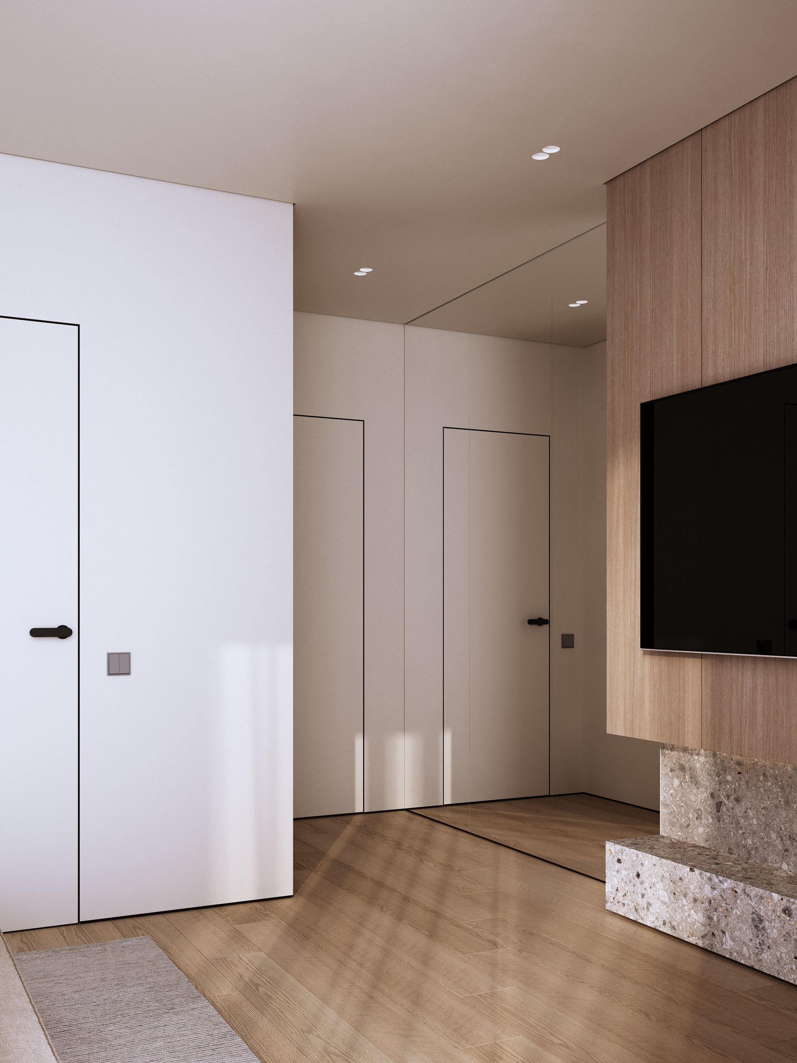 визуализация спальни в нежных тонах  в сером минималистичном современном  стиле на Бали