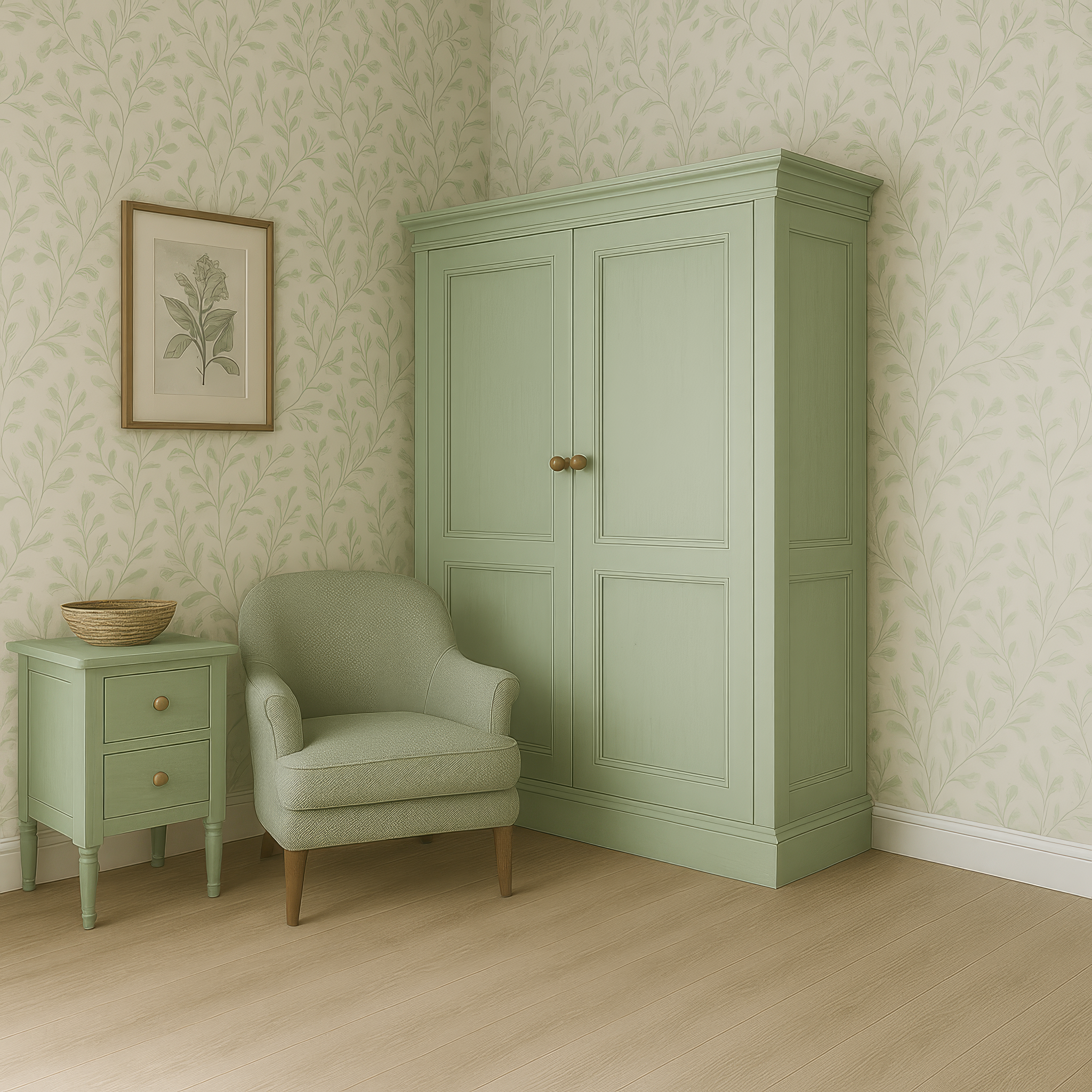 3D-визуализация интерьера со шкафом и креслом в зелёной палитре