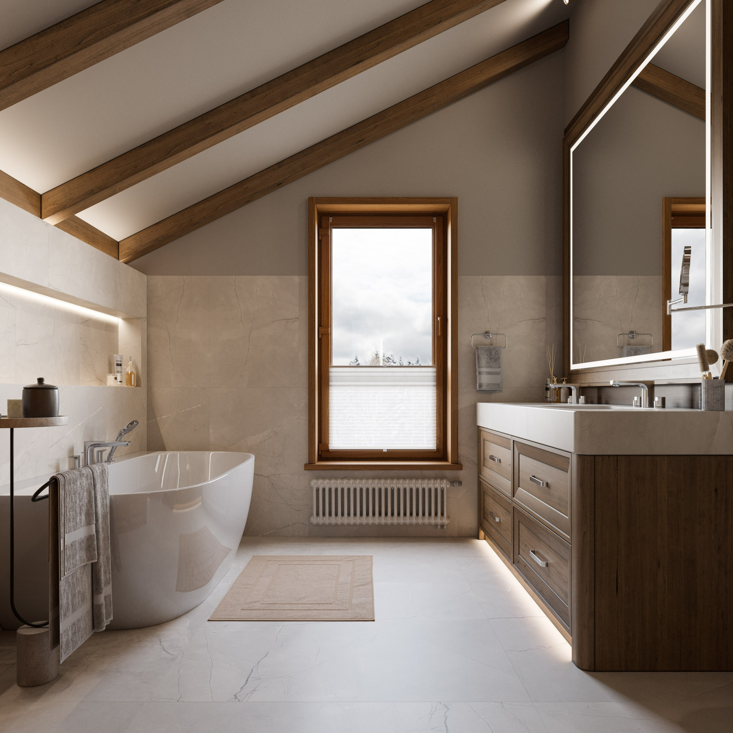 3D визуализация ванной комнаты в доме из сруба с деревянными стенами и современной сантехникой