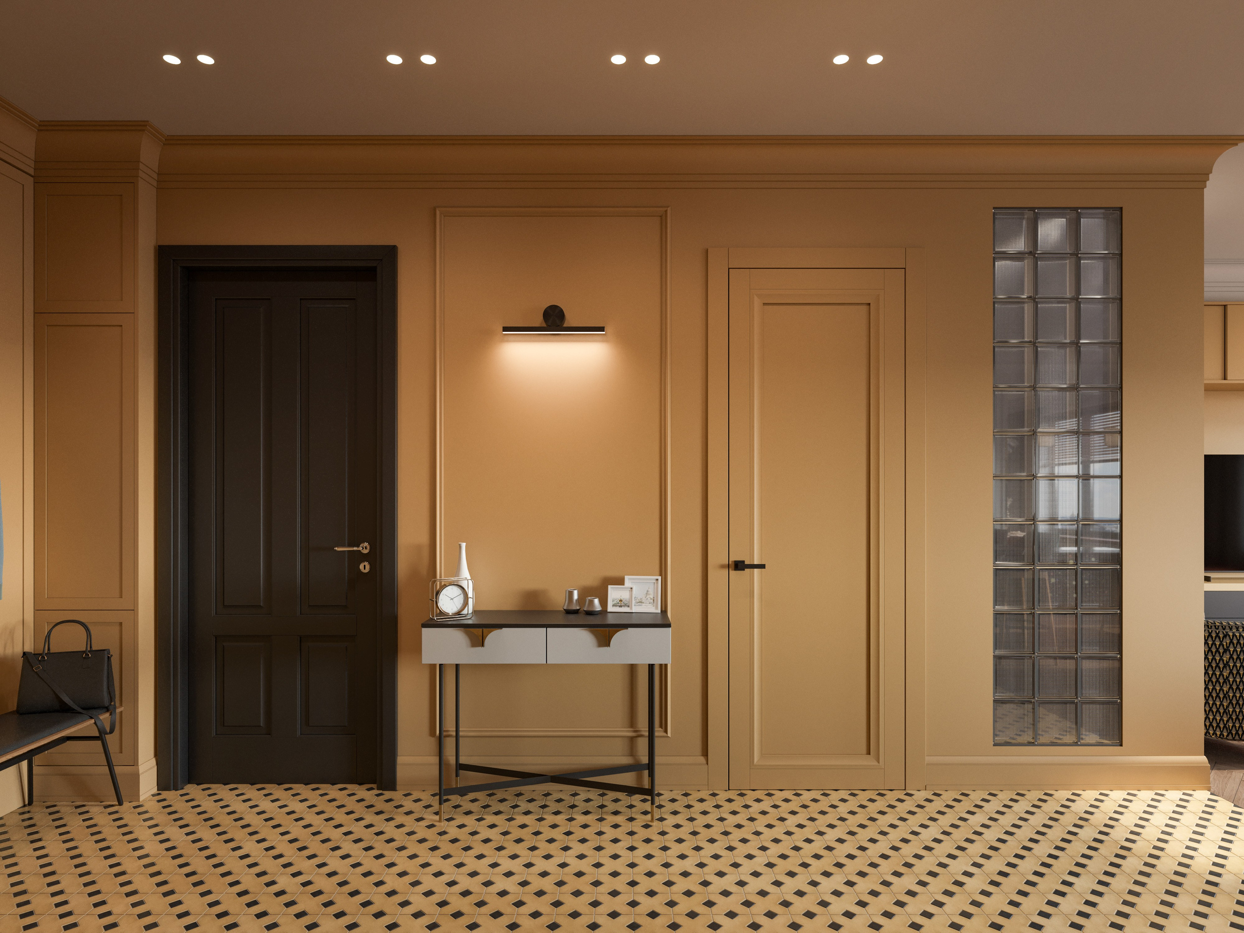 Входная зона с черным пуфом, желтыми стенами и плиткой - 3D визуализация