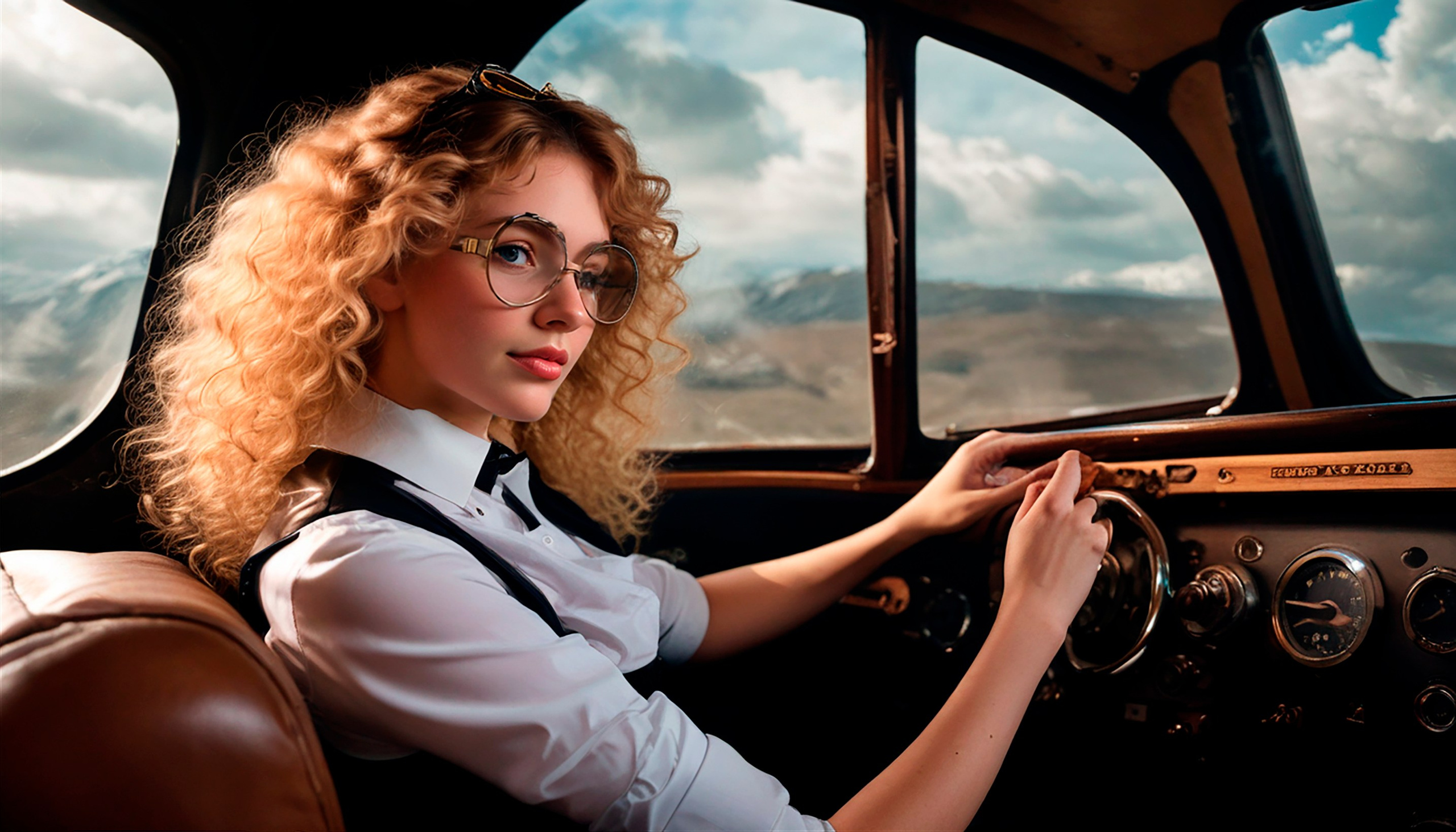 Alice is in Steampunk Country..In the cockpit of a fantastic steam aircraft..
