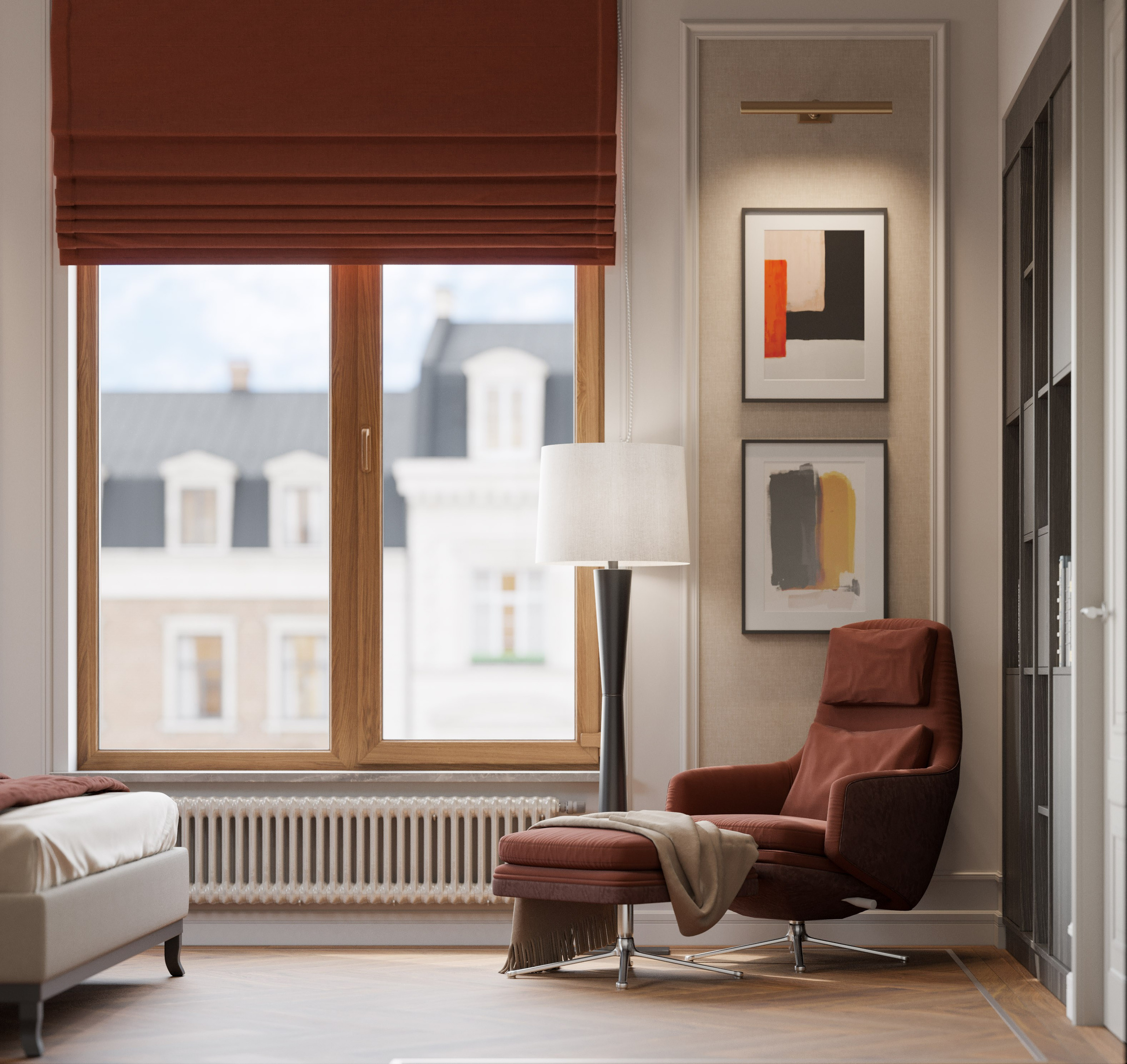 Зона отдыха в мастер-спальне с библиотекой и креслом у окна - 3D рендер