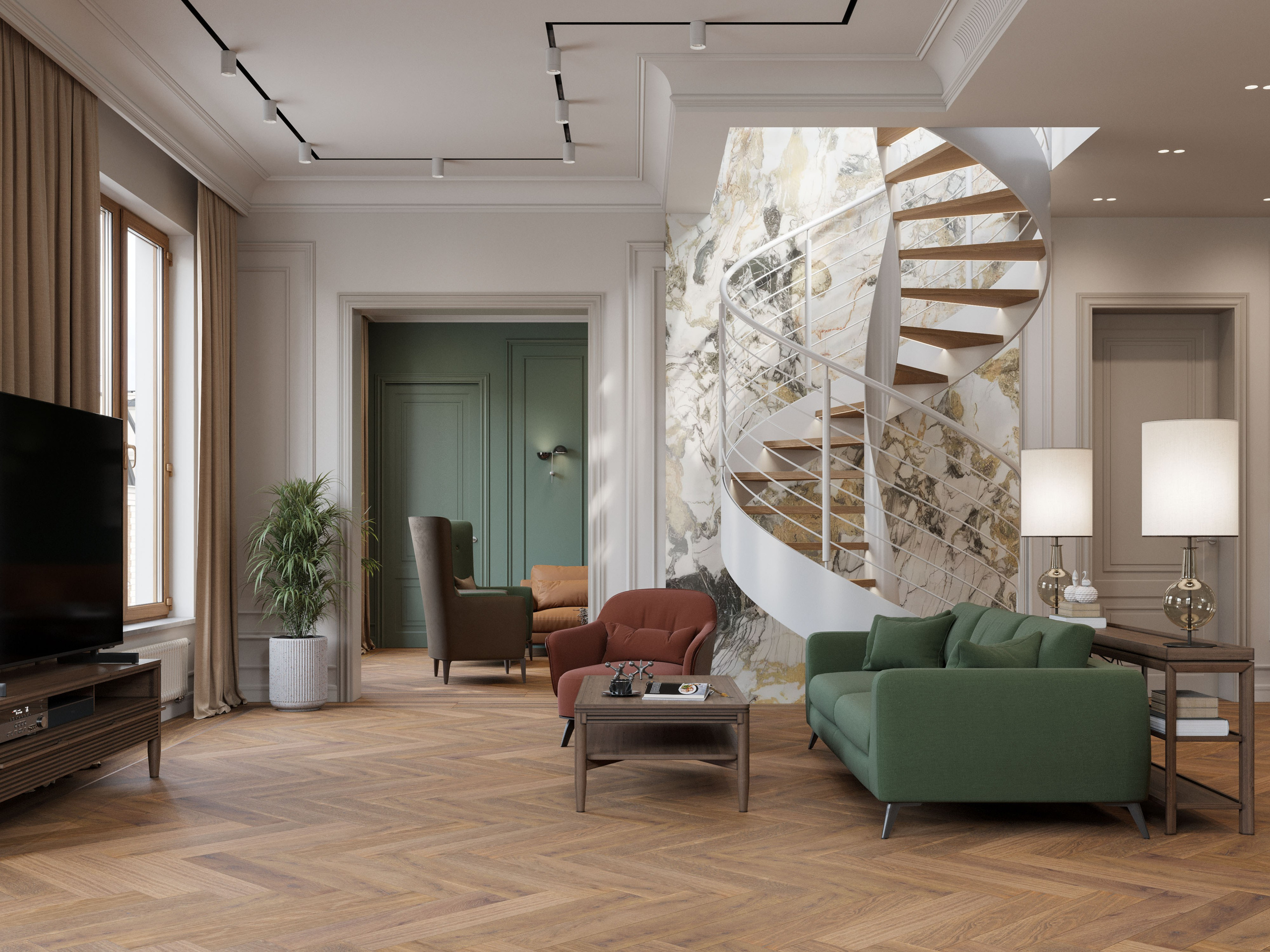 Винтовая лестница из металла с деревянными ступенями в неоклассическом интерьере