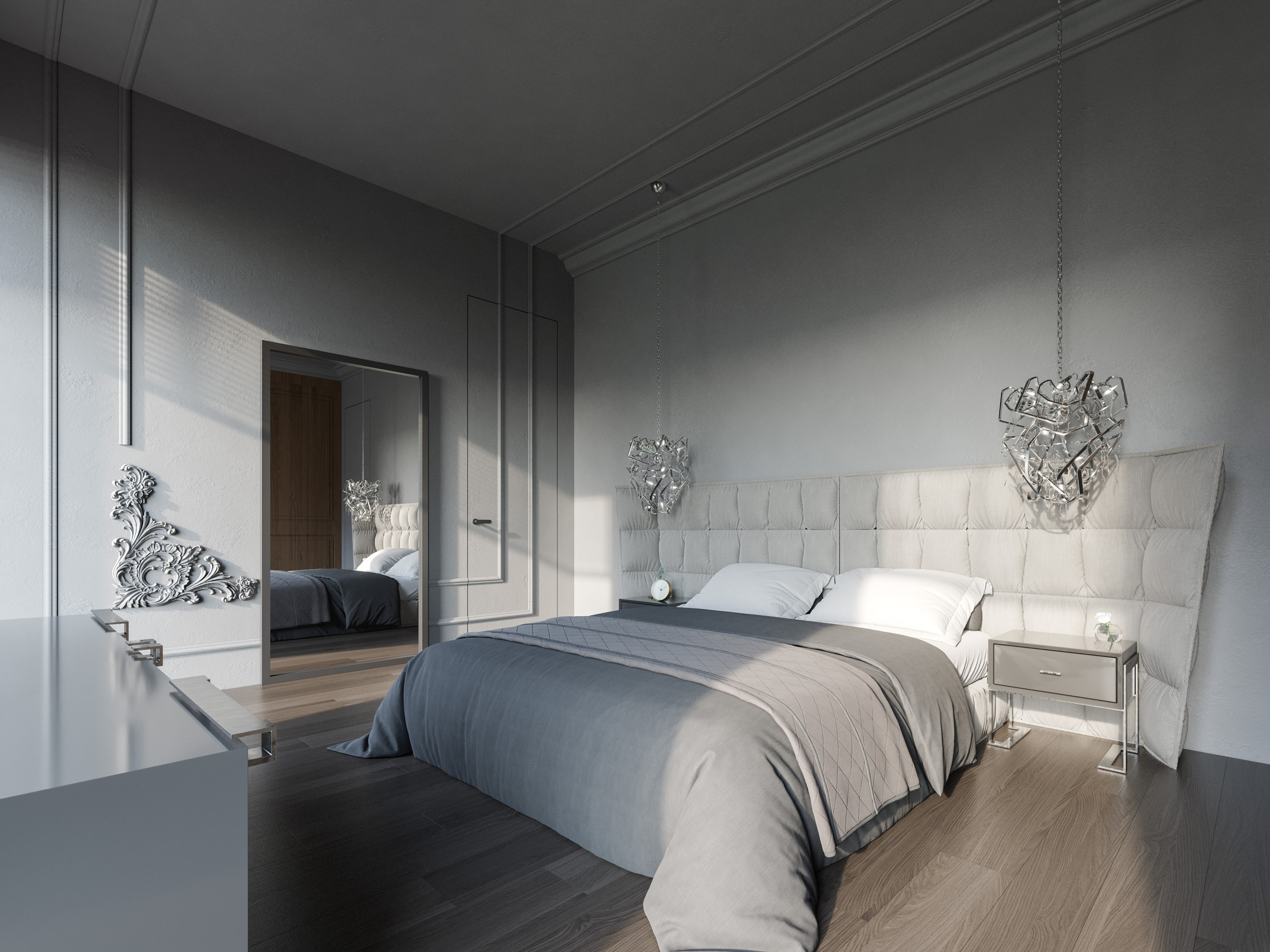 Спальня с металлическими бра и минималистичными прикроватными тумбами