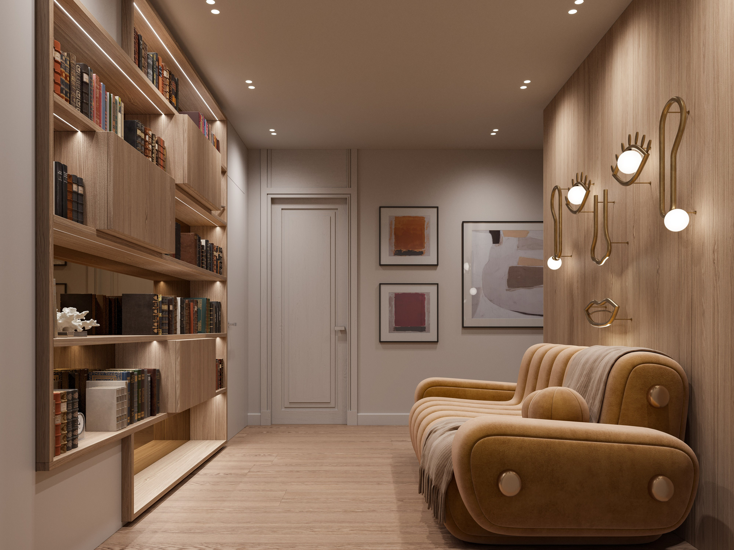 Библиотека в стиле кубизма с встроенными стеллажами и современным диваном