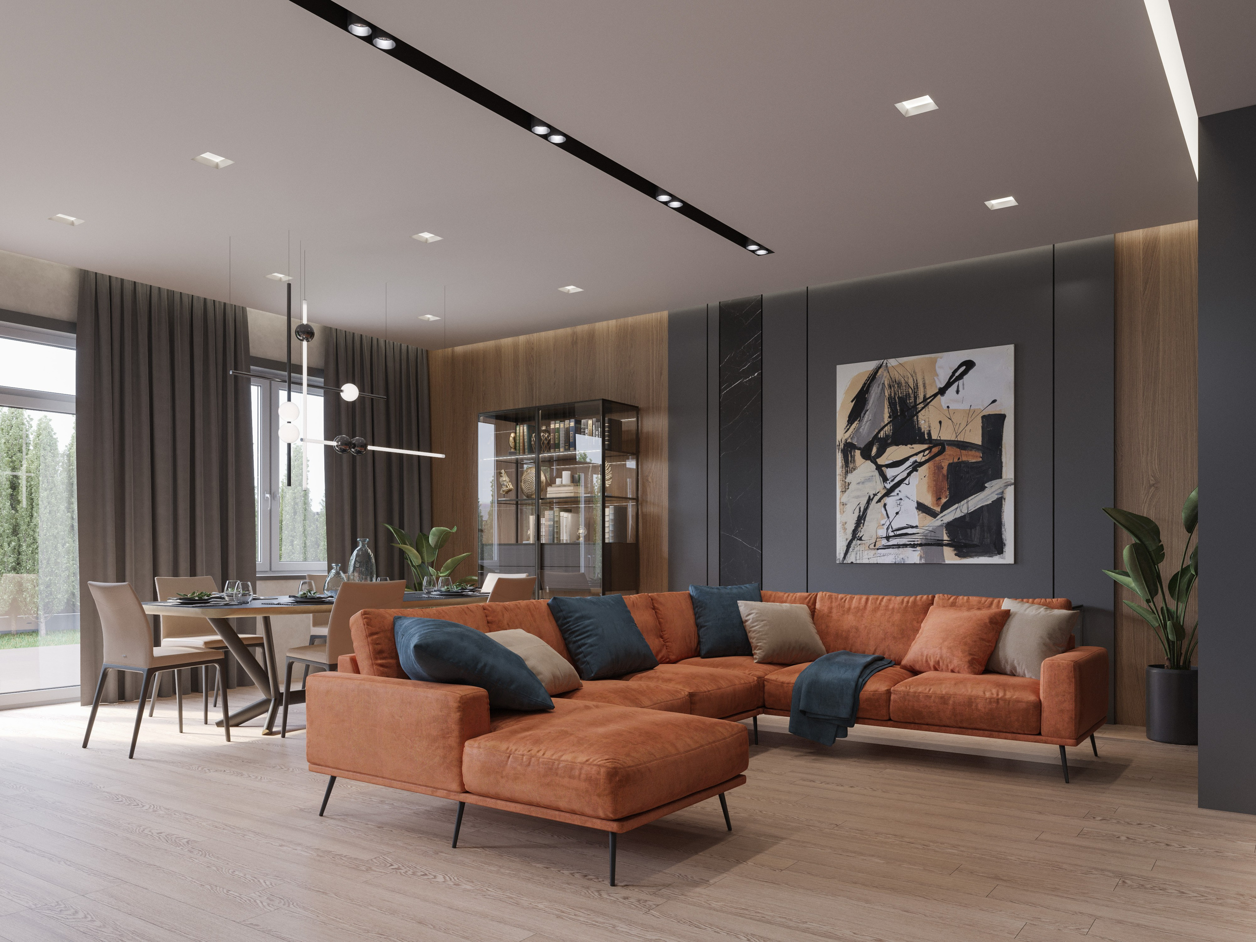 Рендер гостиной в современном стиле с диваном-трансформером