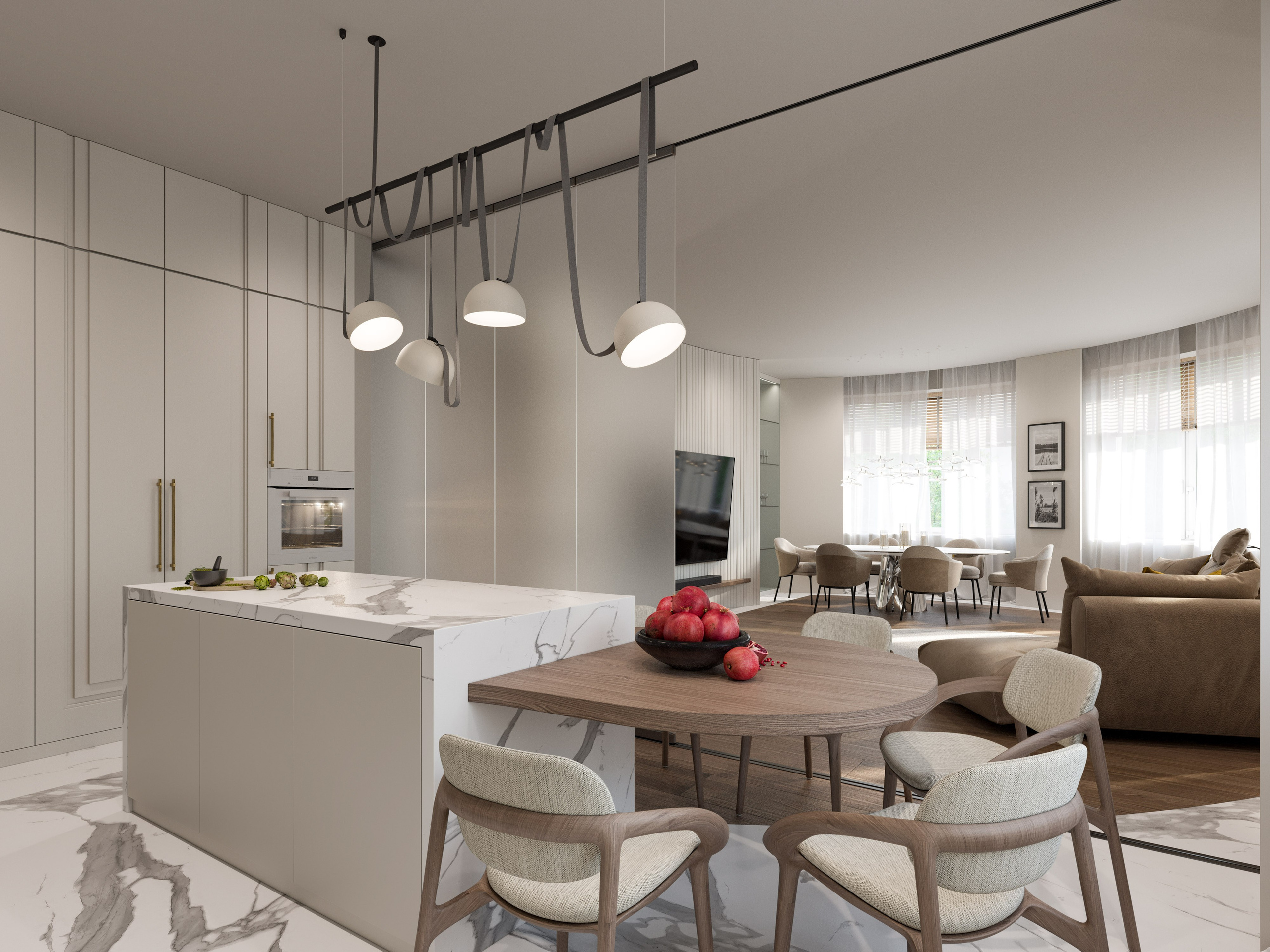 Обеденная зона со столешницей с органичными формами и изогнутыми стульями