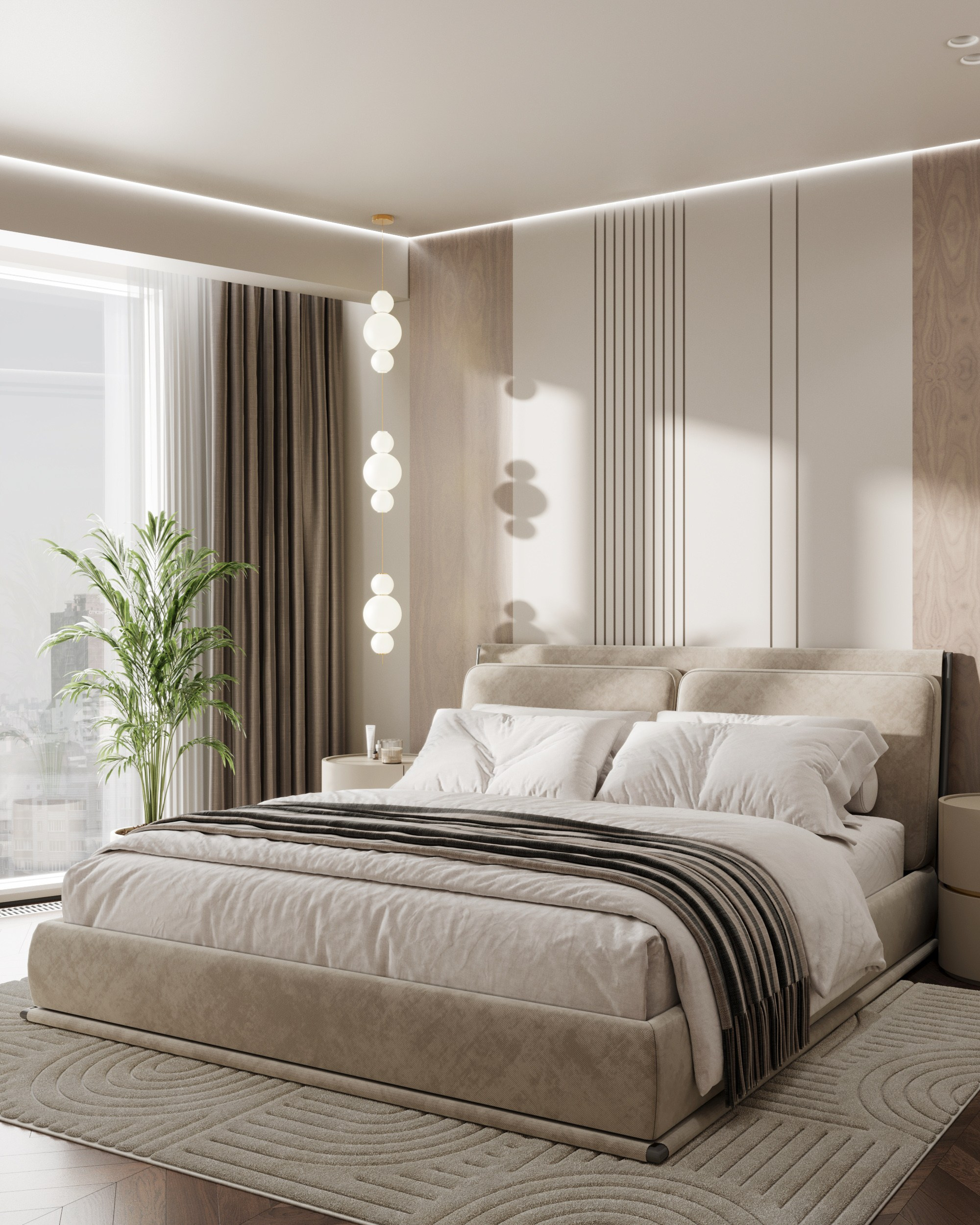 Интерьер спальни: большая кровать с бежевым изголовьем, декоративные подвесные светильники