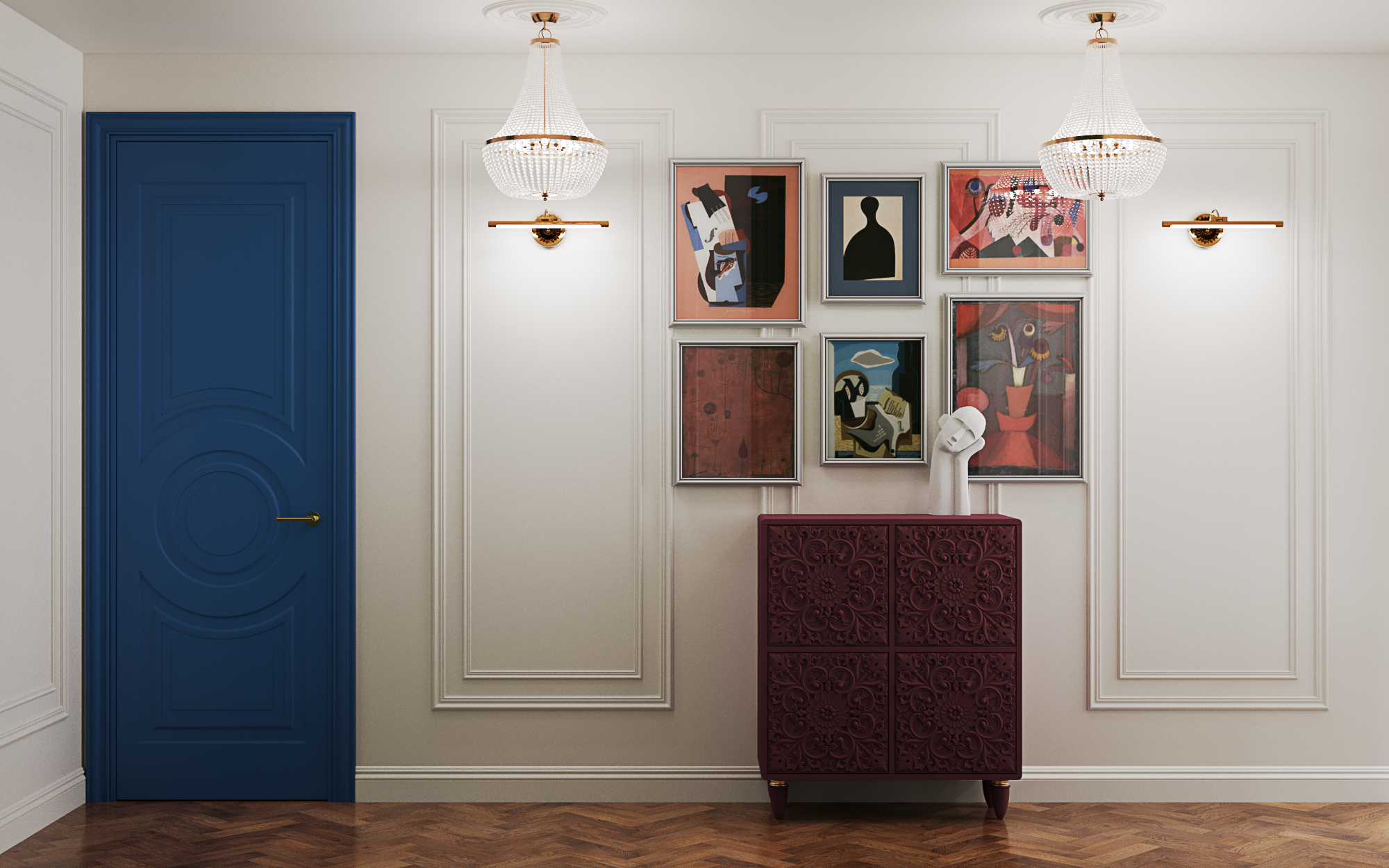 Коридор с синей дверью слева и стеной, украшенной галереей из шести абстрактных картин