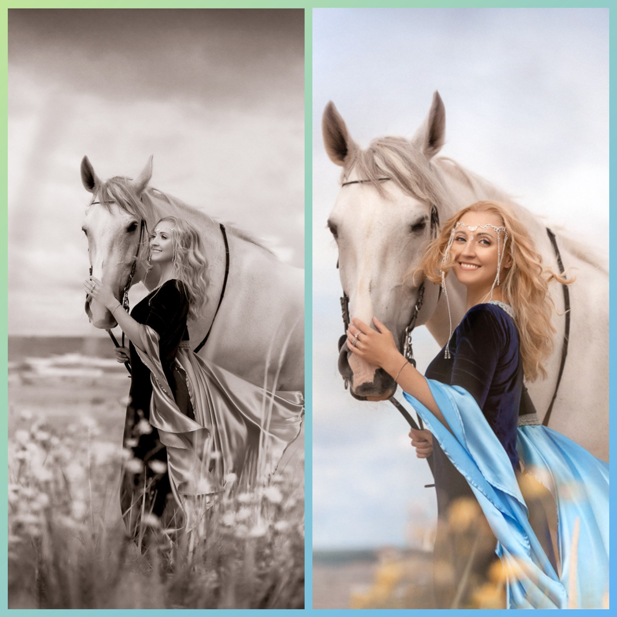 Девушка в образе эльфийской принцессой с белой лошадью