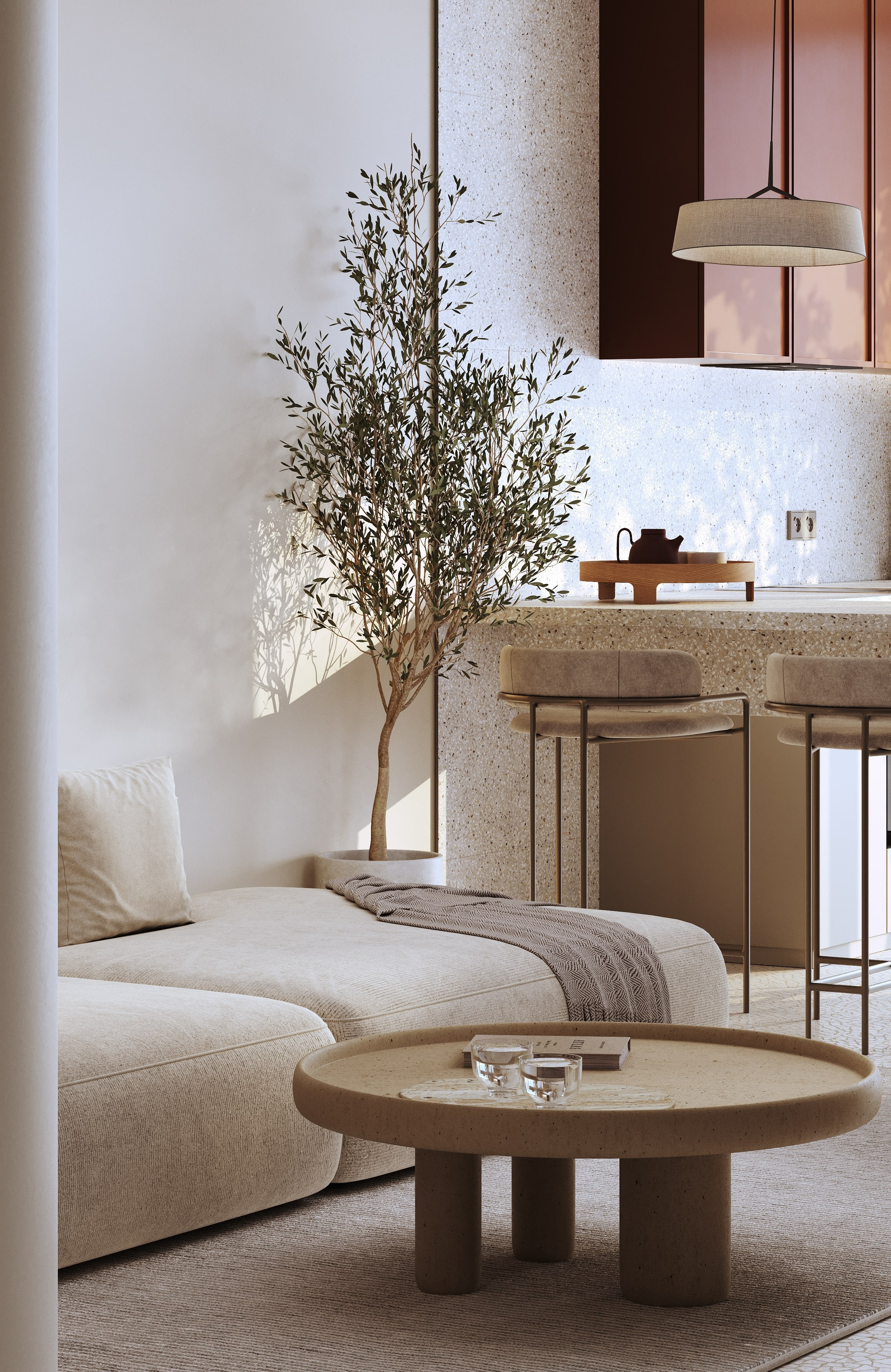 визуализация кухни гостиной  в нежных тонах  в сером минималистичном современном  стиле на Бали