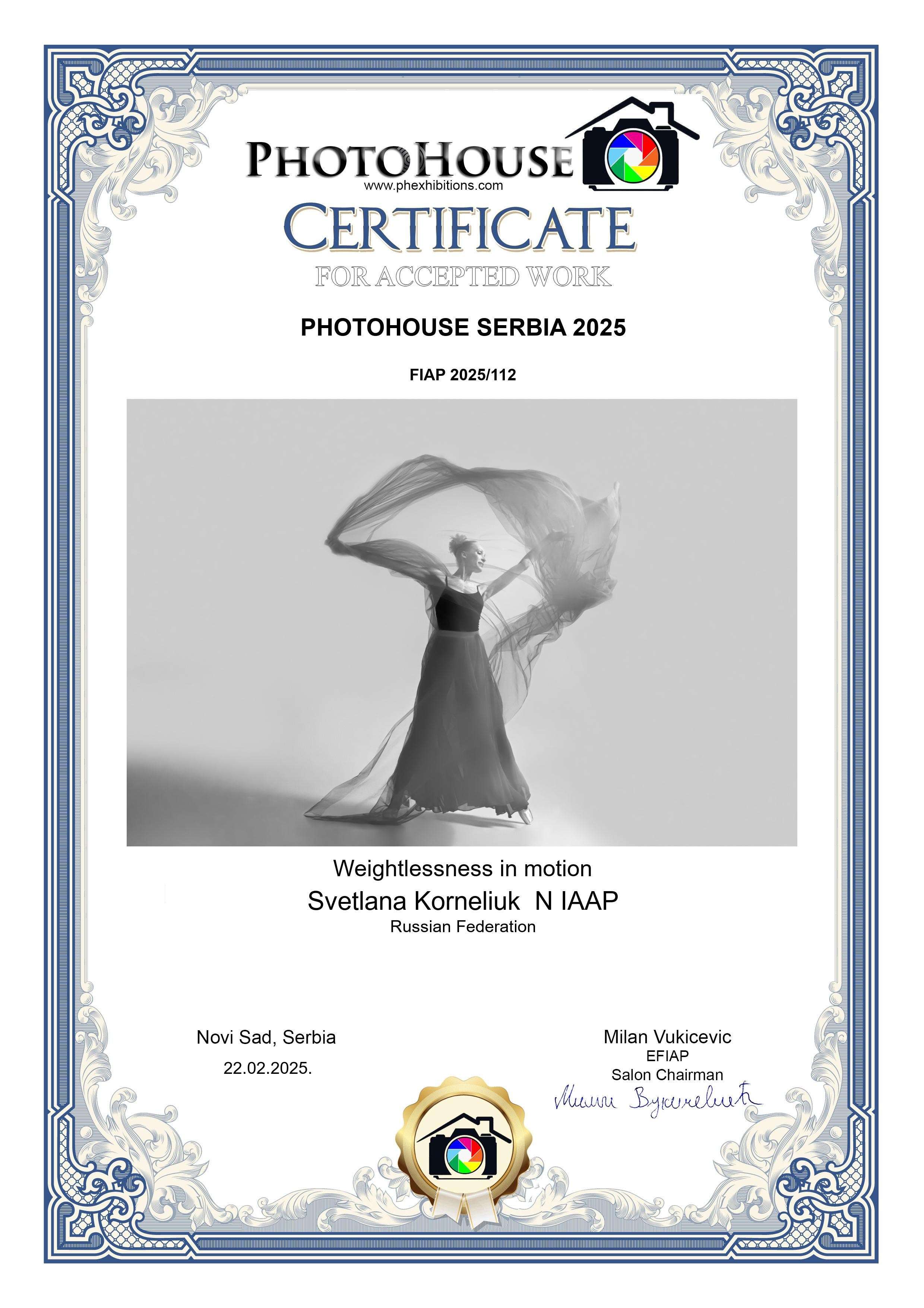 Сертификат акцепта за фотографию танцовщицы с тканью на конкурсе художественной фотографии в Сербии
