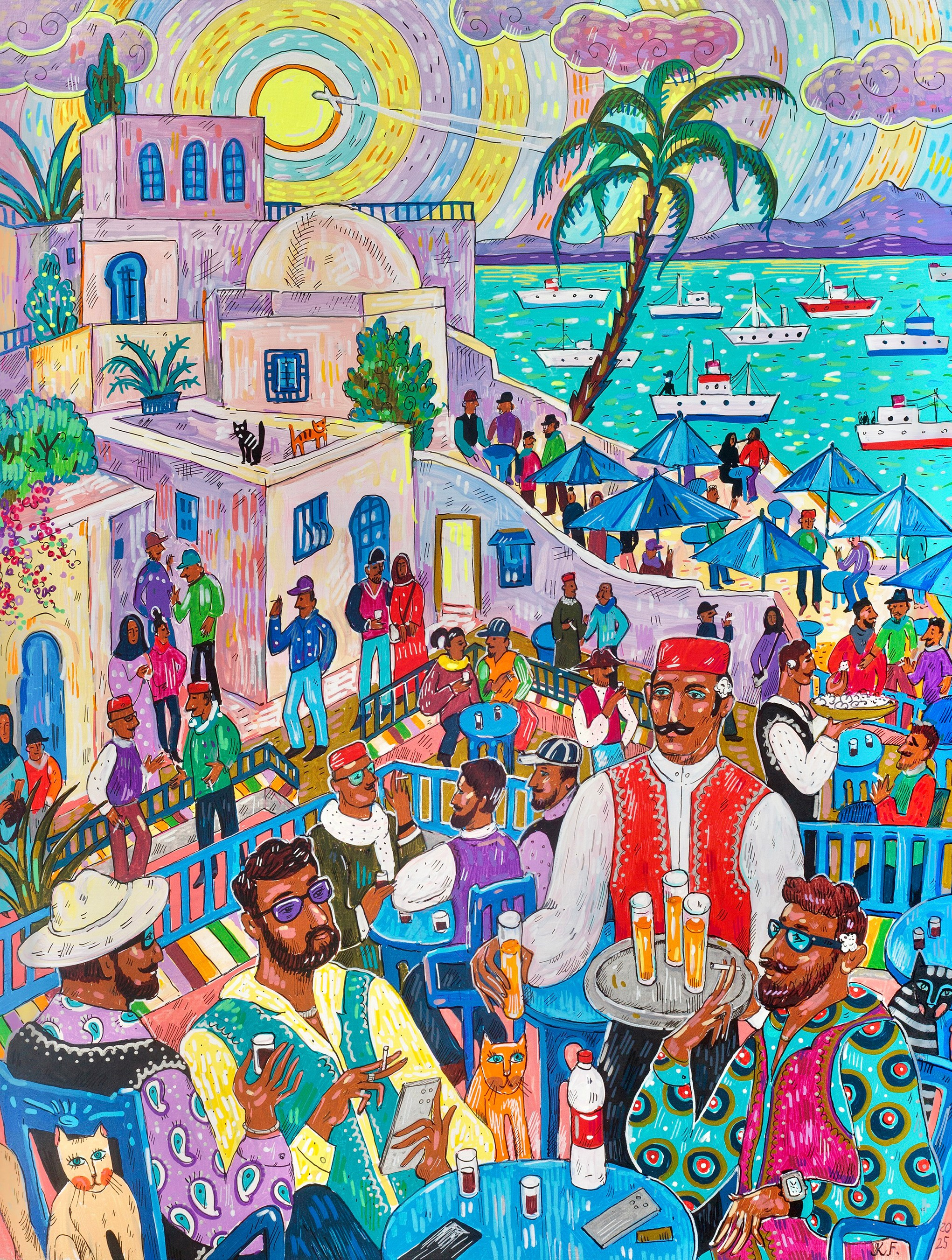 A Carefree Moment at the Café des Délices, acrylic, acrylic markers and ink on canvas, 30 × 40 cm, 2025