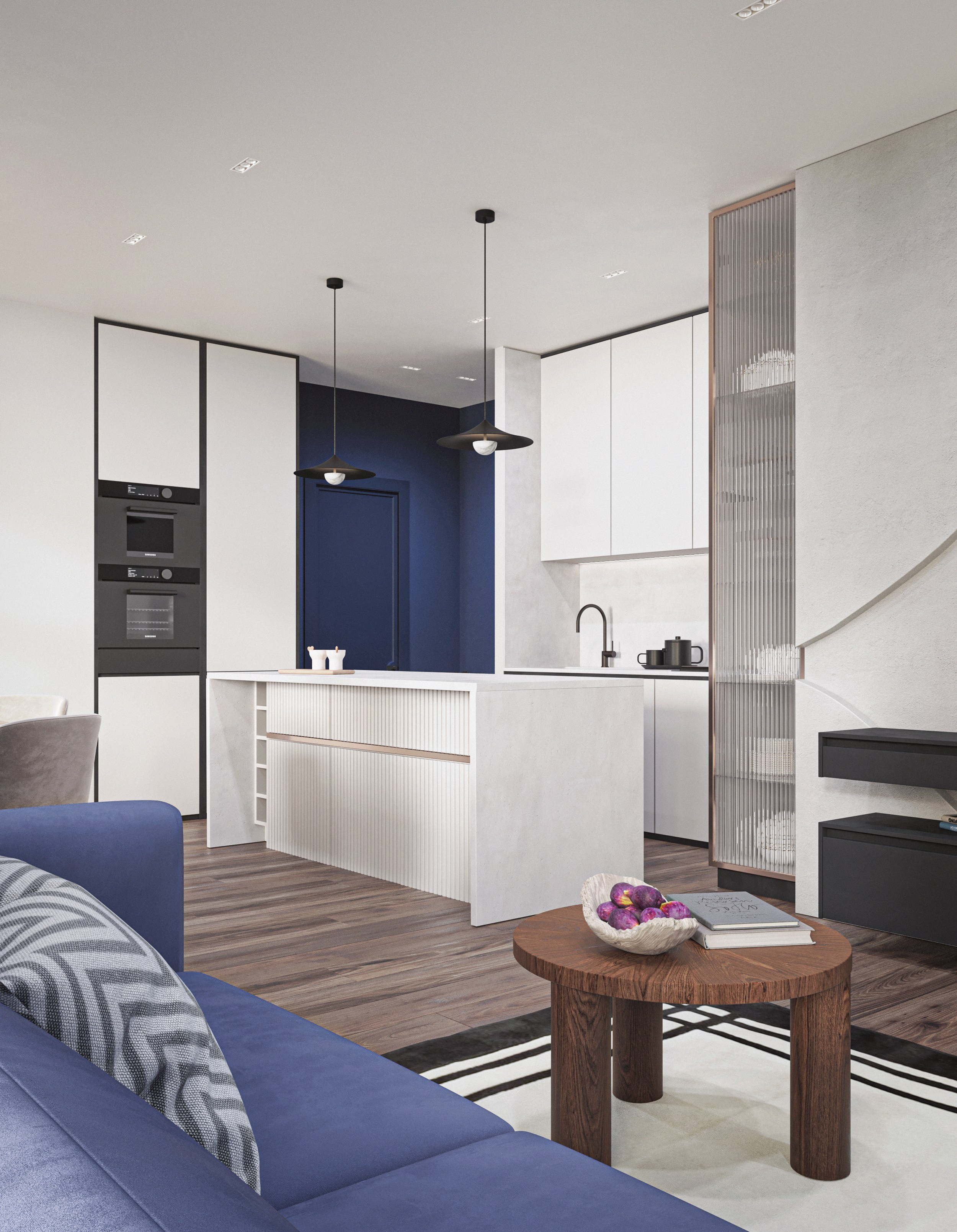 Blue place. 3D visualization of exteriors and interiors