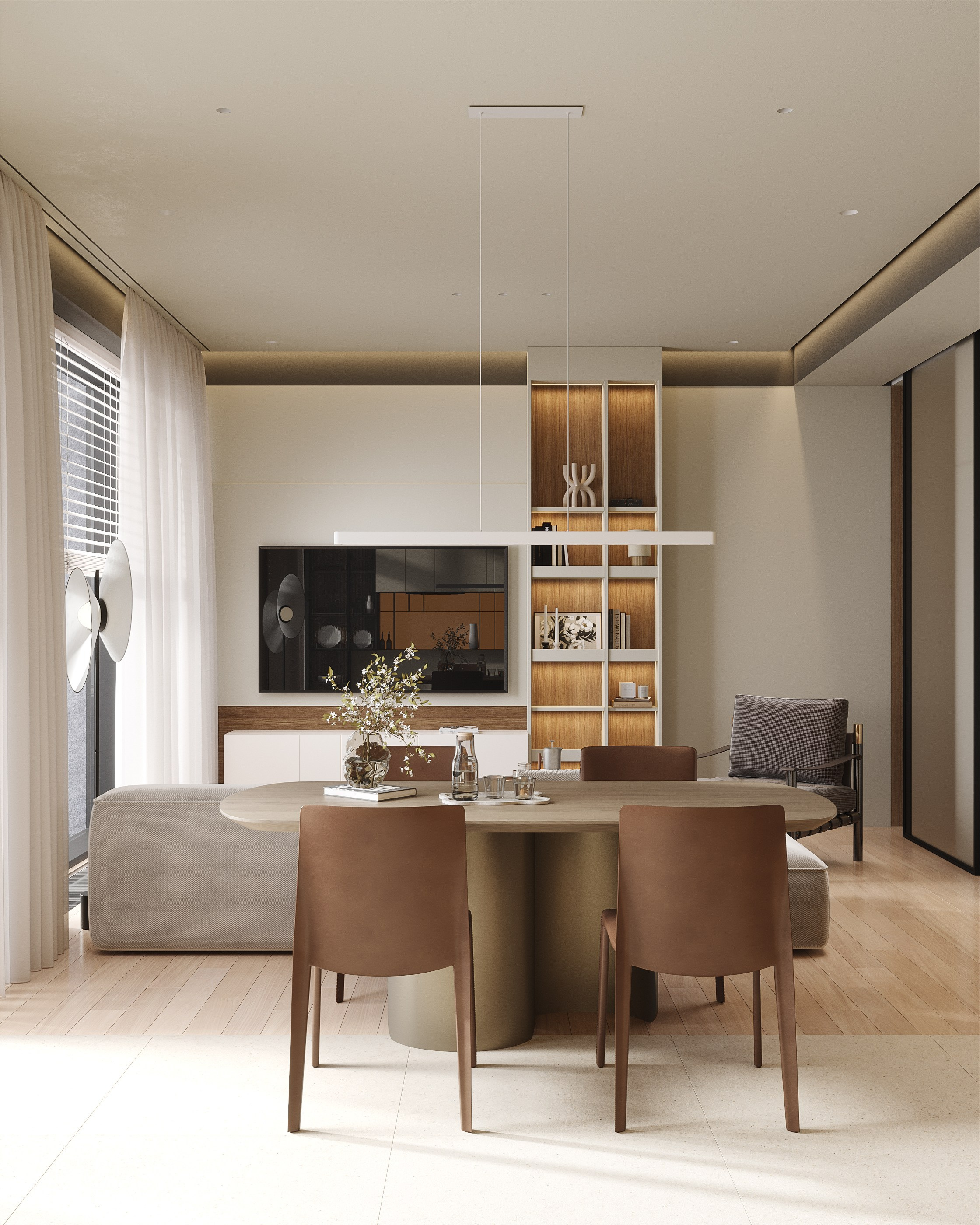 3D визуализация просторной гостиной, включающая обеденную зону с деревянным столом и стульями, демонстрирующая открытую планировку и обилие естественного света.