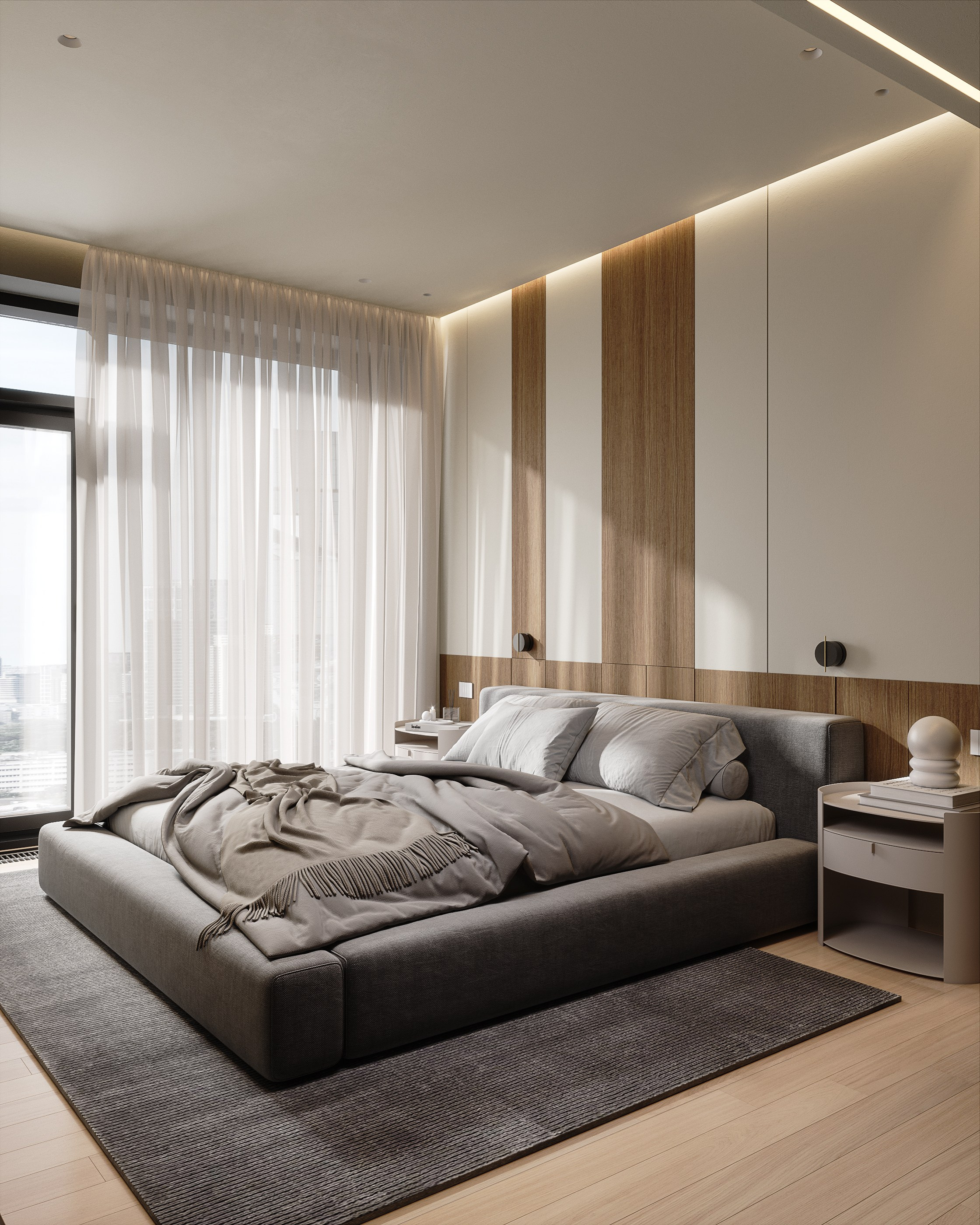 3D визуализация уютной спальни с большой кроватью, мягким изголовьем и деревянными стеновыми панелями с акцентной подсветкой, создающая теплую и расслабляющую атмосферу.