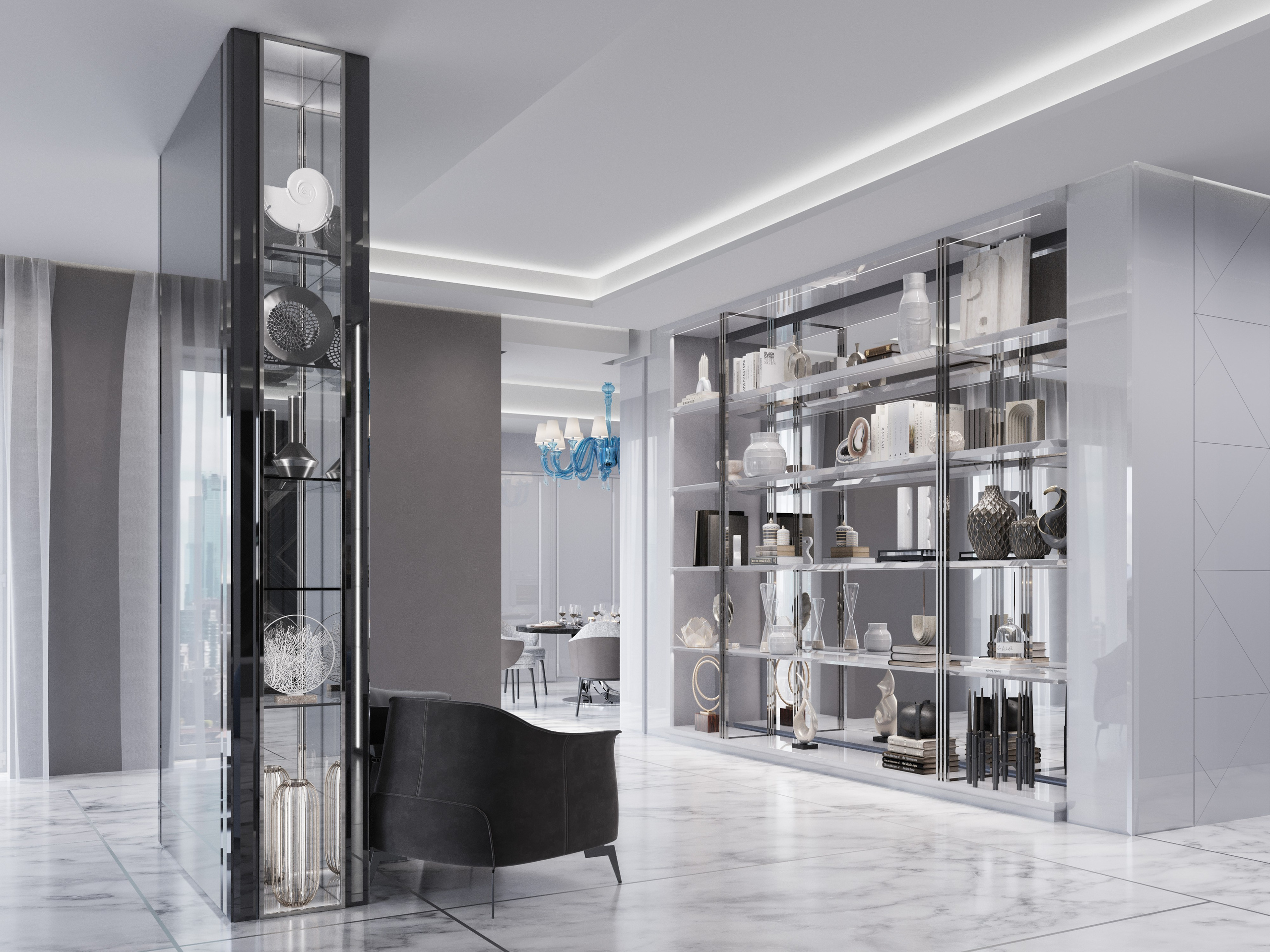 Вид на встроенные стеллажи Bizzotto в холле и кожаные кресла Poltrona Frau