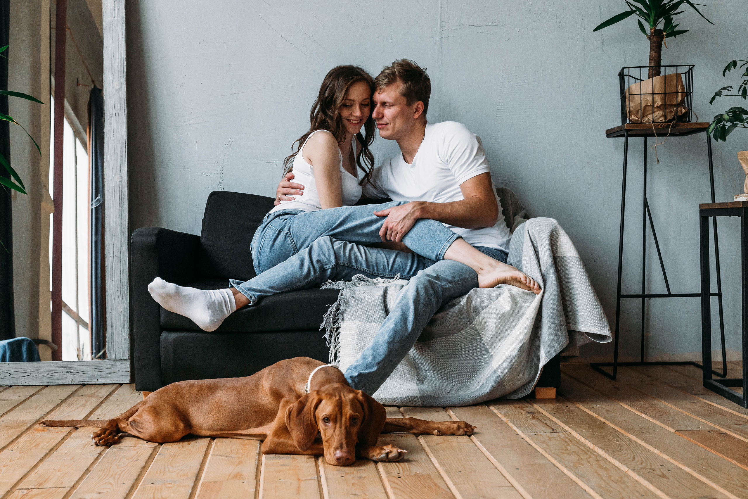 Семейная фотосессия с собакой (венгерской выжлой) на фотосессии в фотостудии "Проект 7" в Кирове