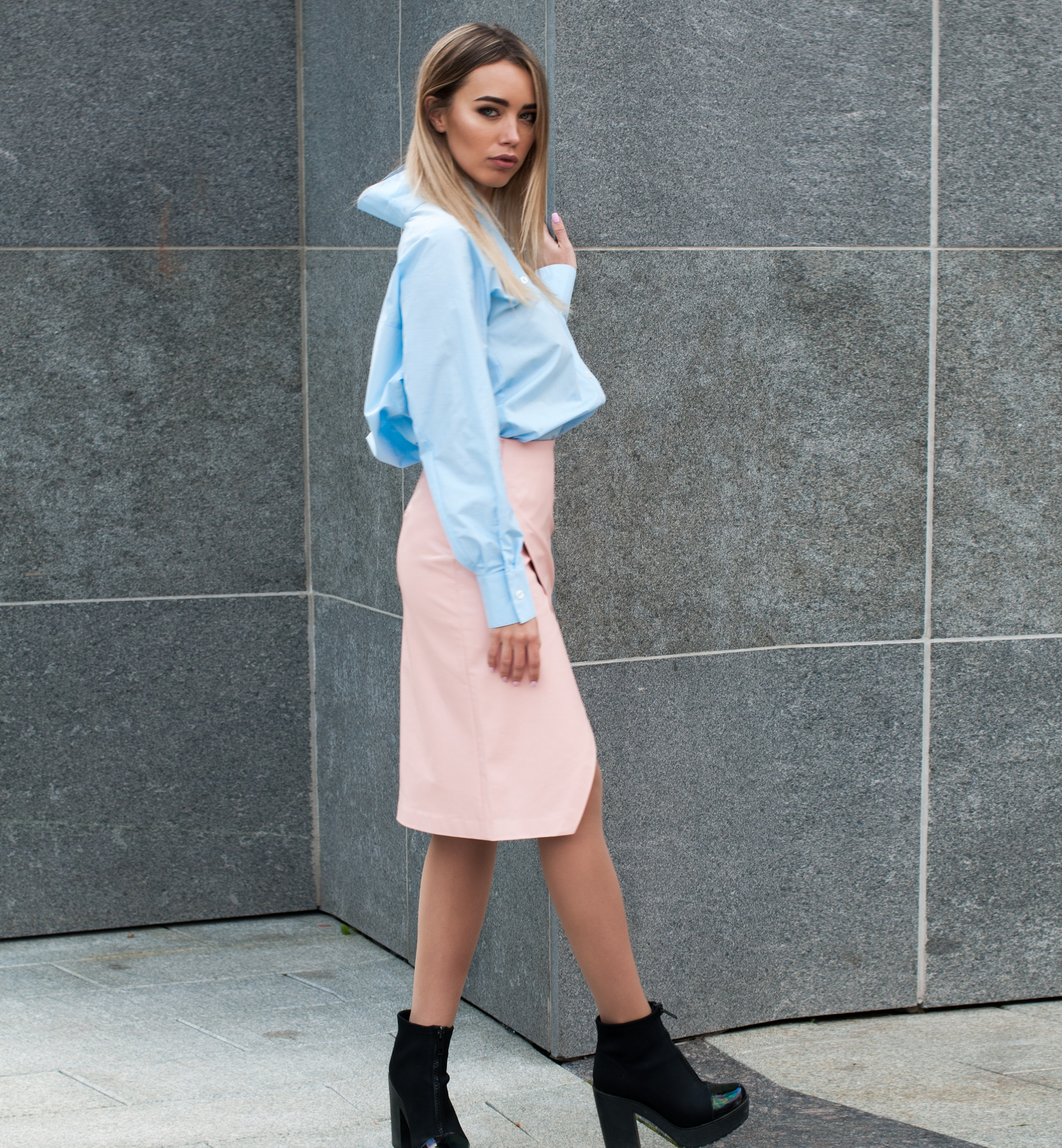 Photo shoot in street style for the new collection of international brand of women's clothing