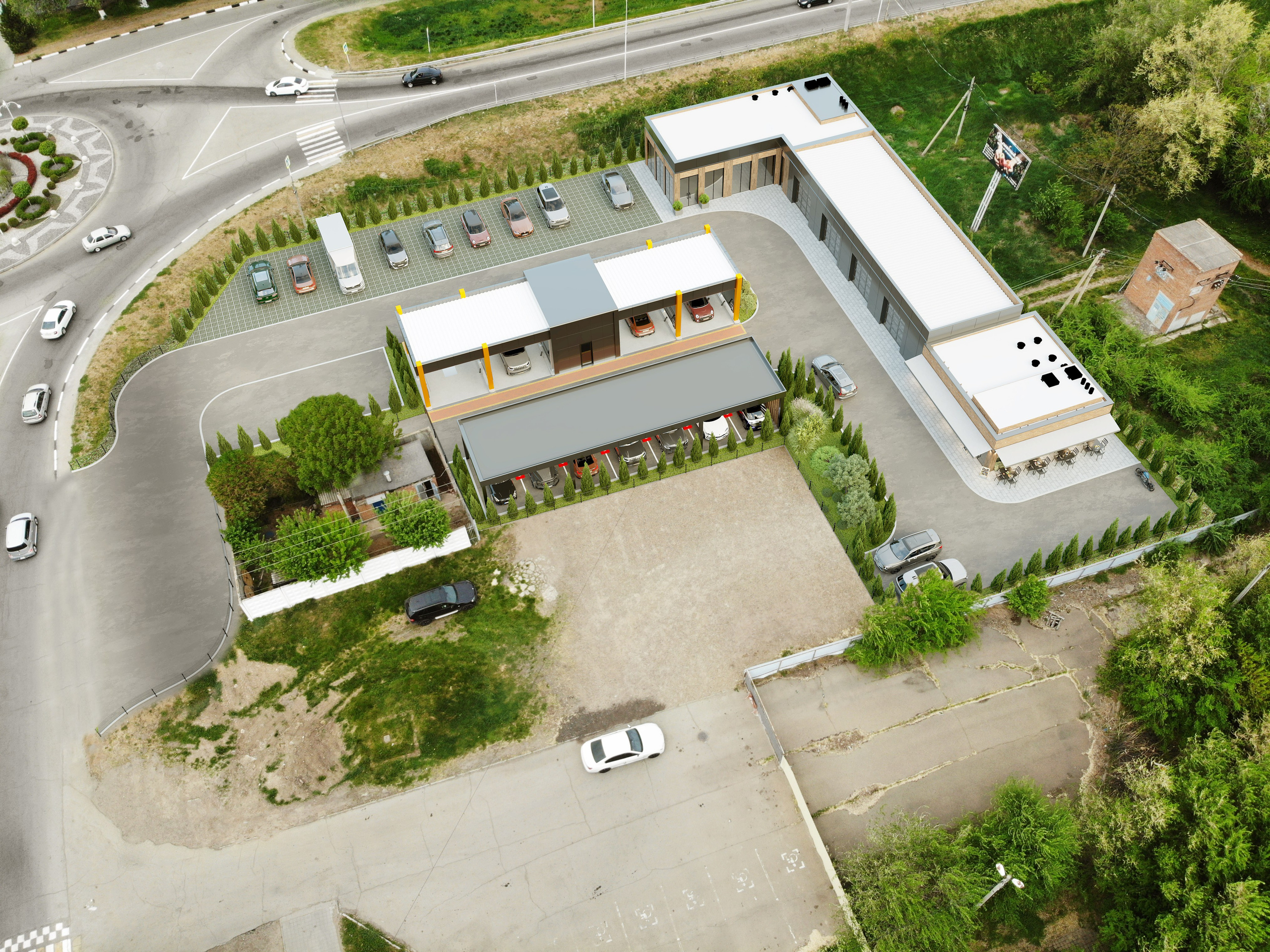 Автомойка, СТО и кафе — комплексная 3D-визуализация с благоустройством. 3Д Визуализация Интерьера и Архитектуры