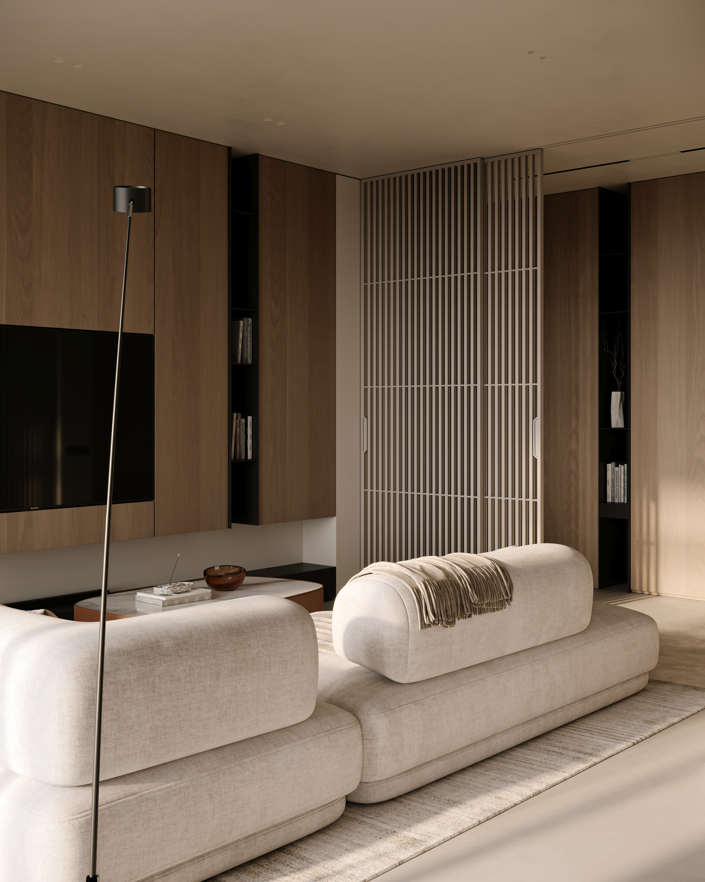 Гостиная с ТВ-зоной в современном стиле с раздвижными перегородками