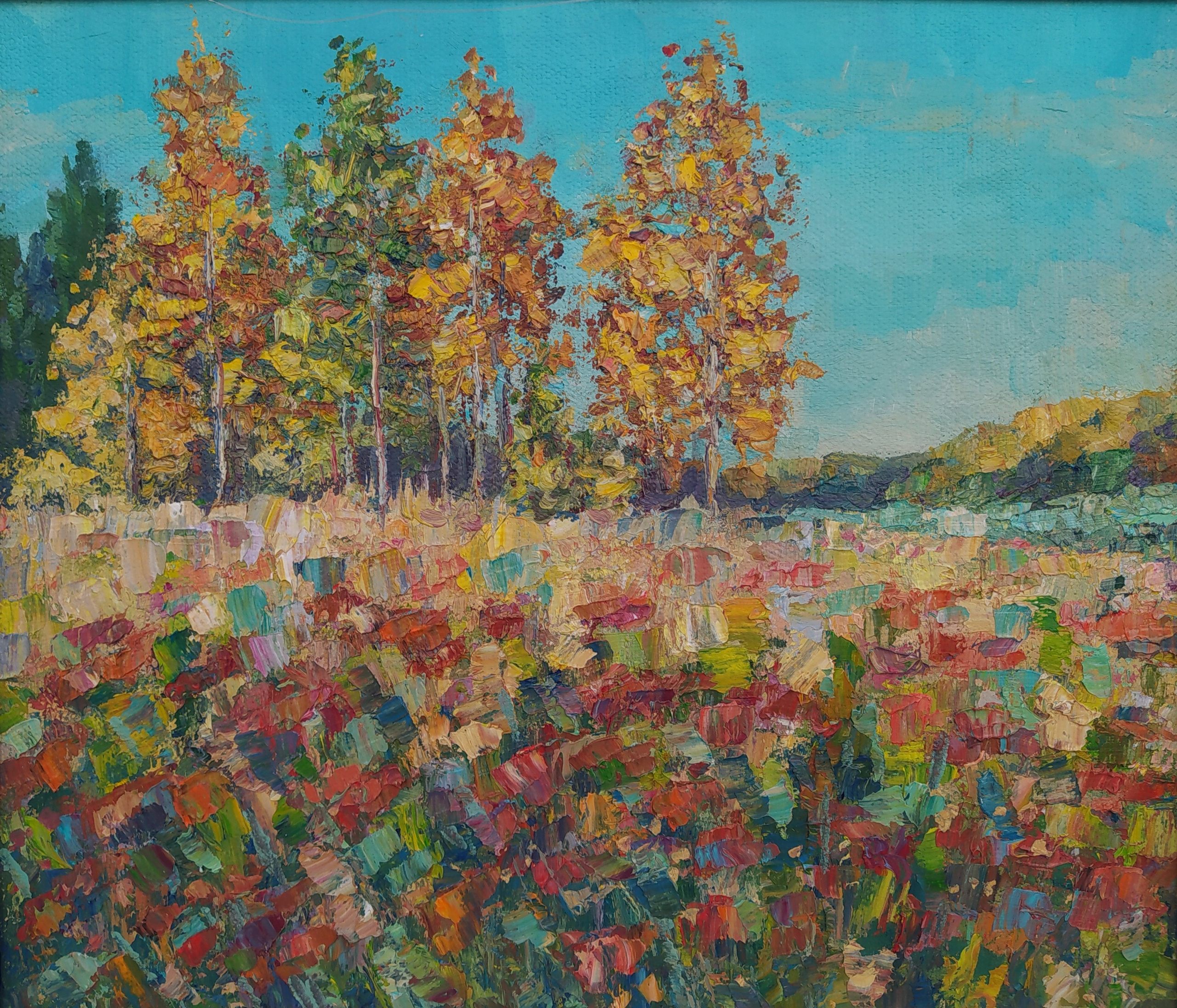 Живопись маслом - Осенние травы и золотые деревья