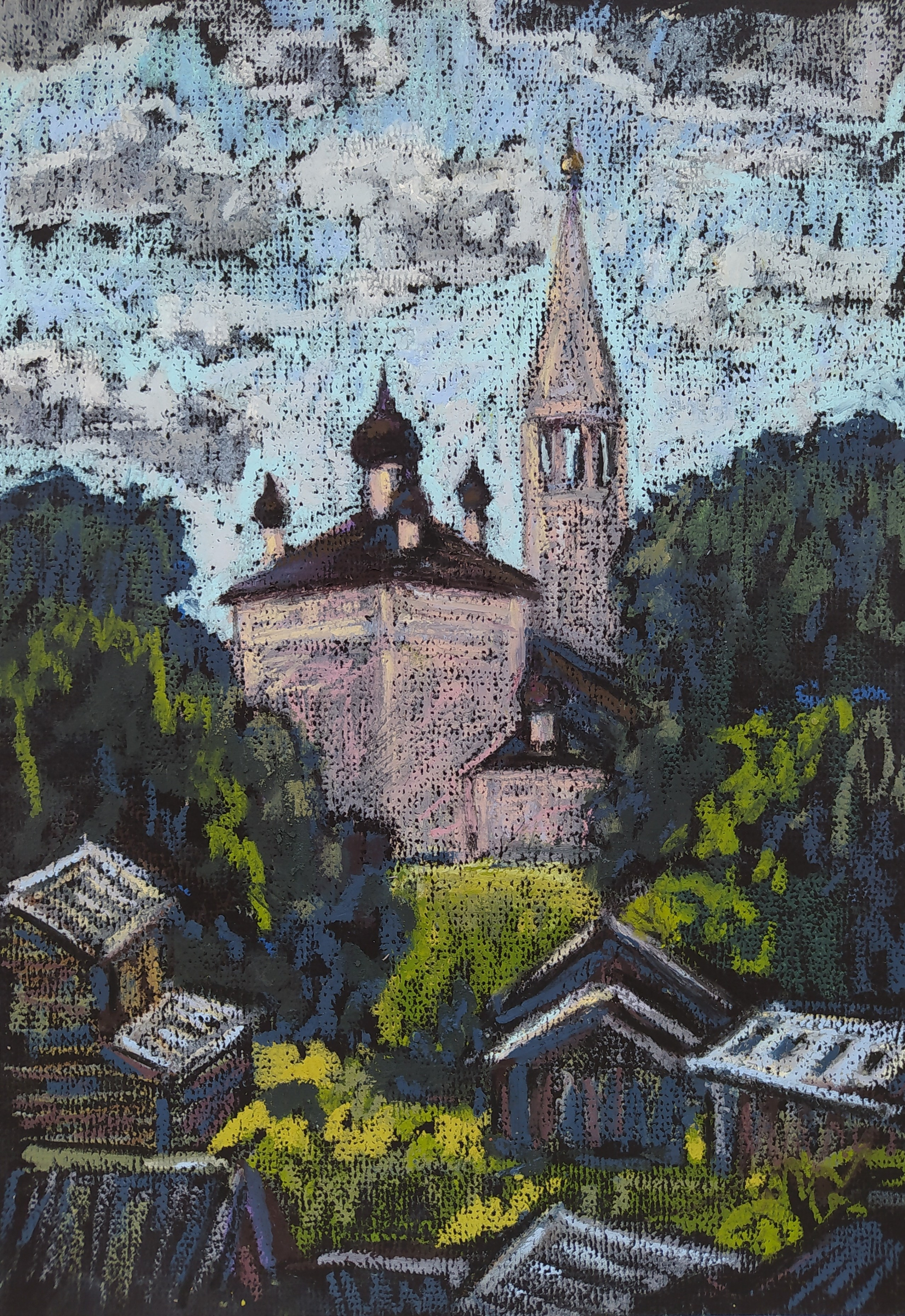 Пейзаж масляной пастелью, рисунок - Сельский пейзаж